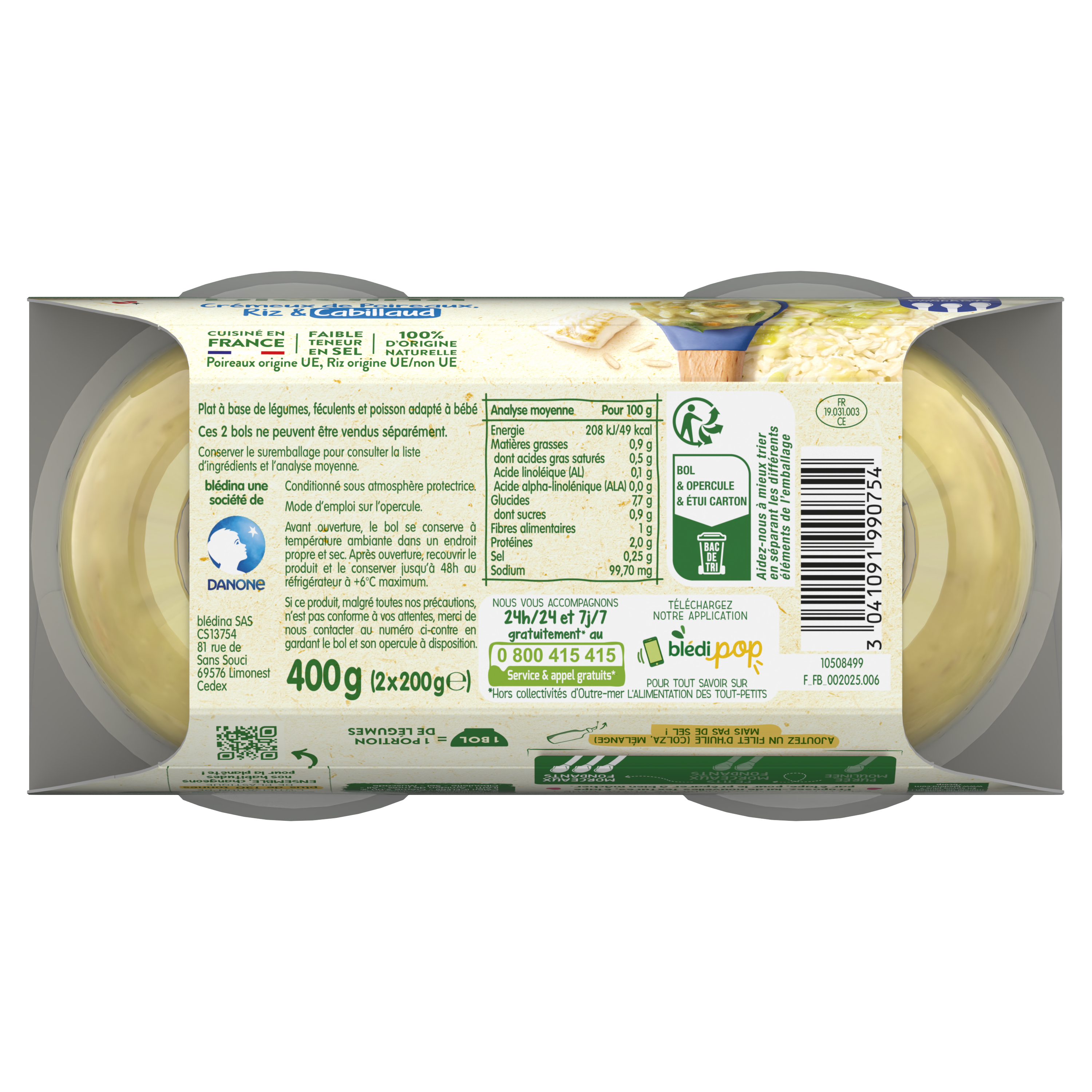 BLEDINA  BOLS Crémeux de Poireaux Riz Cabillaud 2x200g dès 12 mois