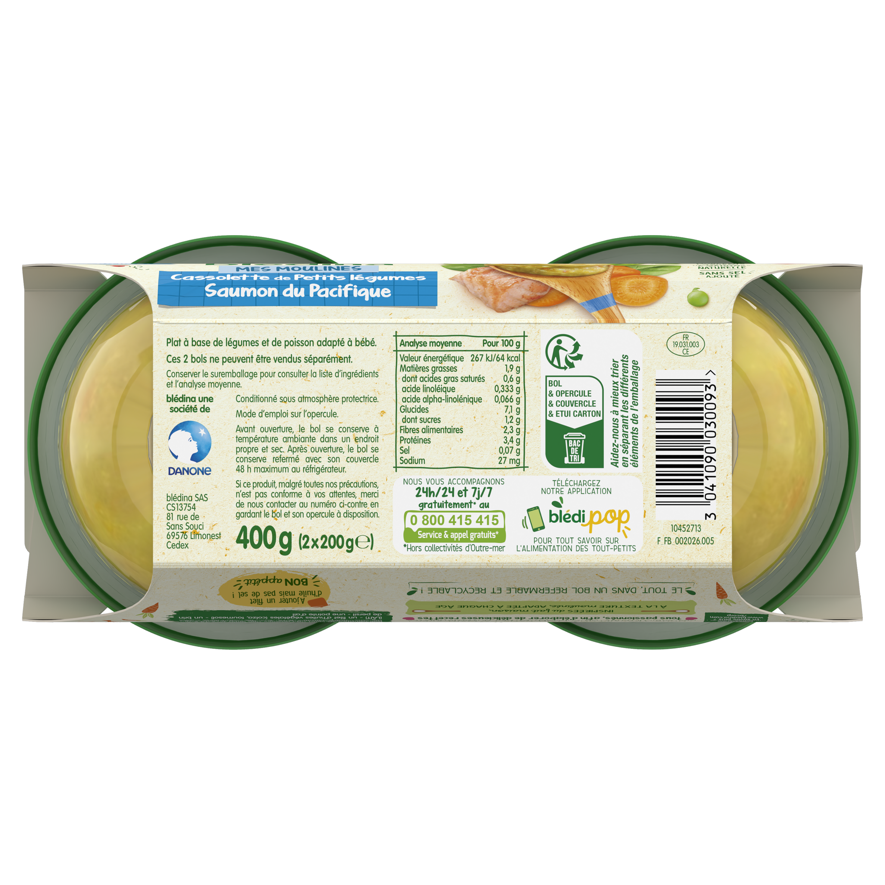 BLEDINA BOLS Légumes Verts Saumon au Basilic 2x200g Dès 8 mois