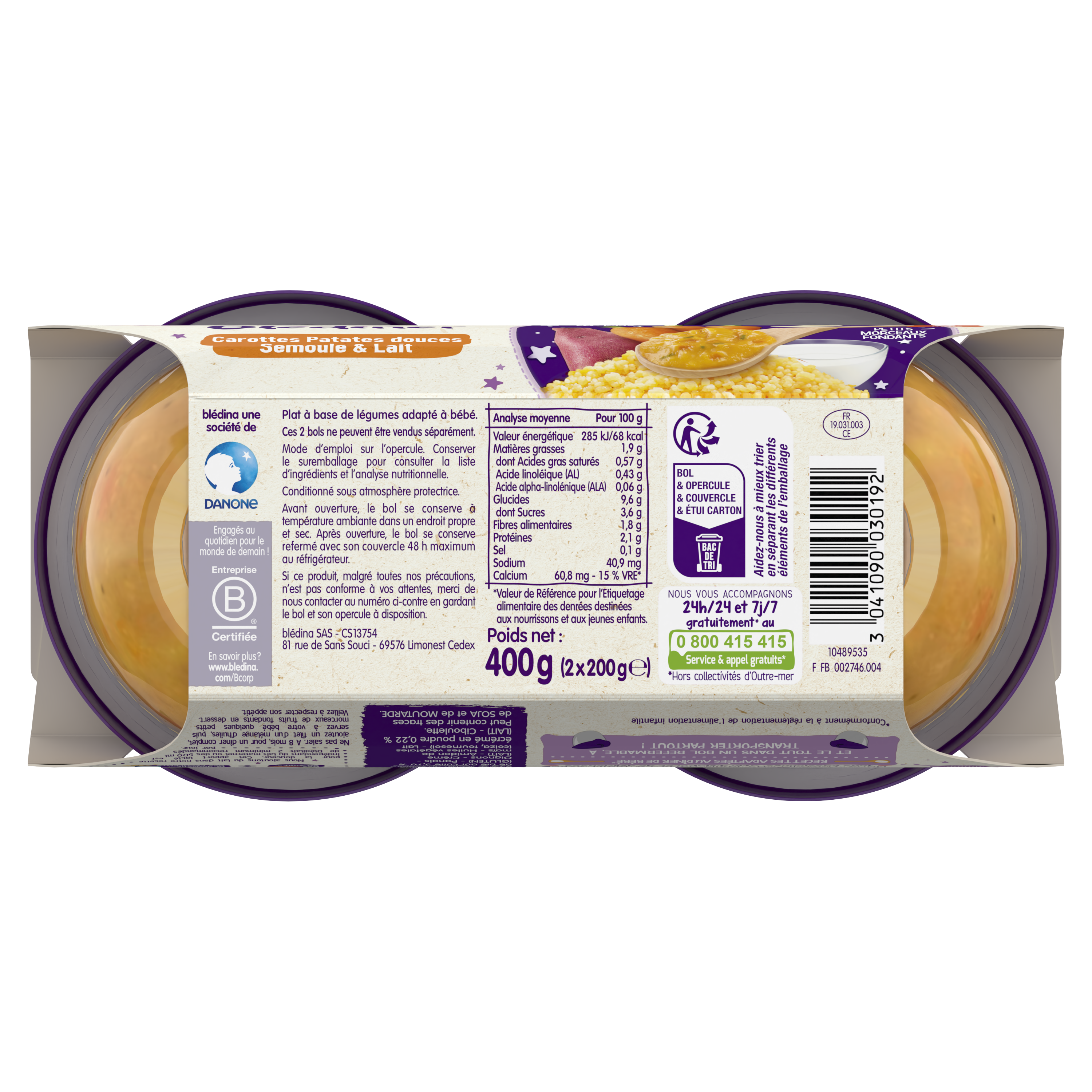 BLEDINA BLEDINER BOLS Carottes et Patates douces Semoule Lait 2x200g dès 8 mois