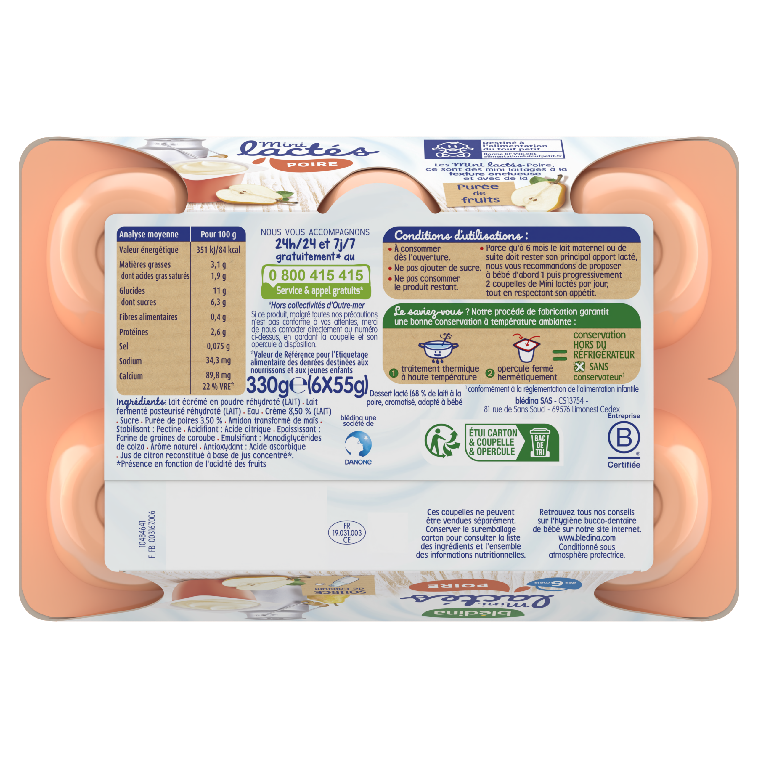 BLEDINA Mini lactés Poire 6x55g Dés 6 mois