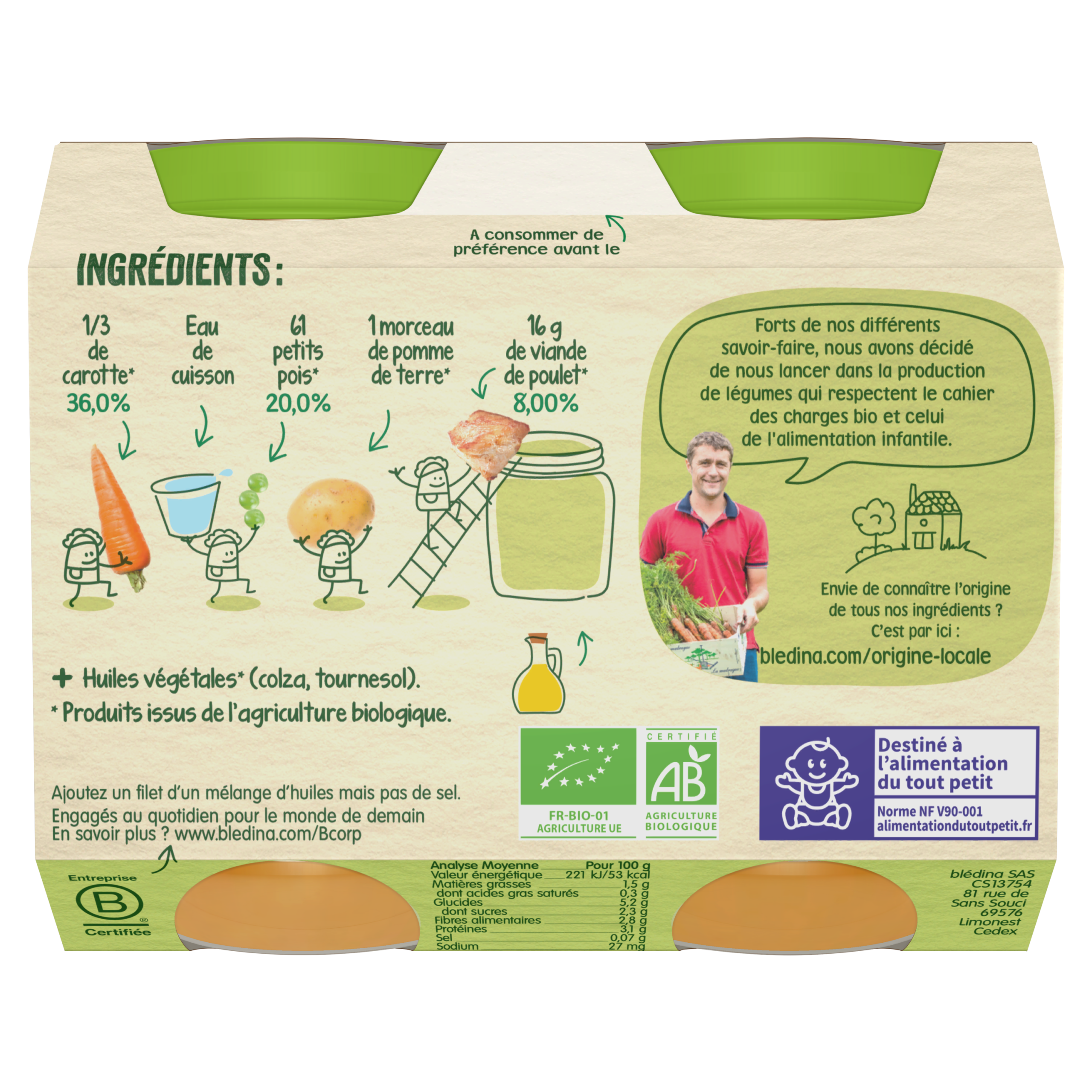 BLEDINA LES RECOLTES BIO Carottes Petits Pois Poulet Fermier 2x200g Dès 6 Mois