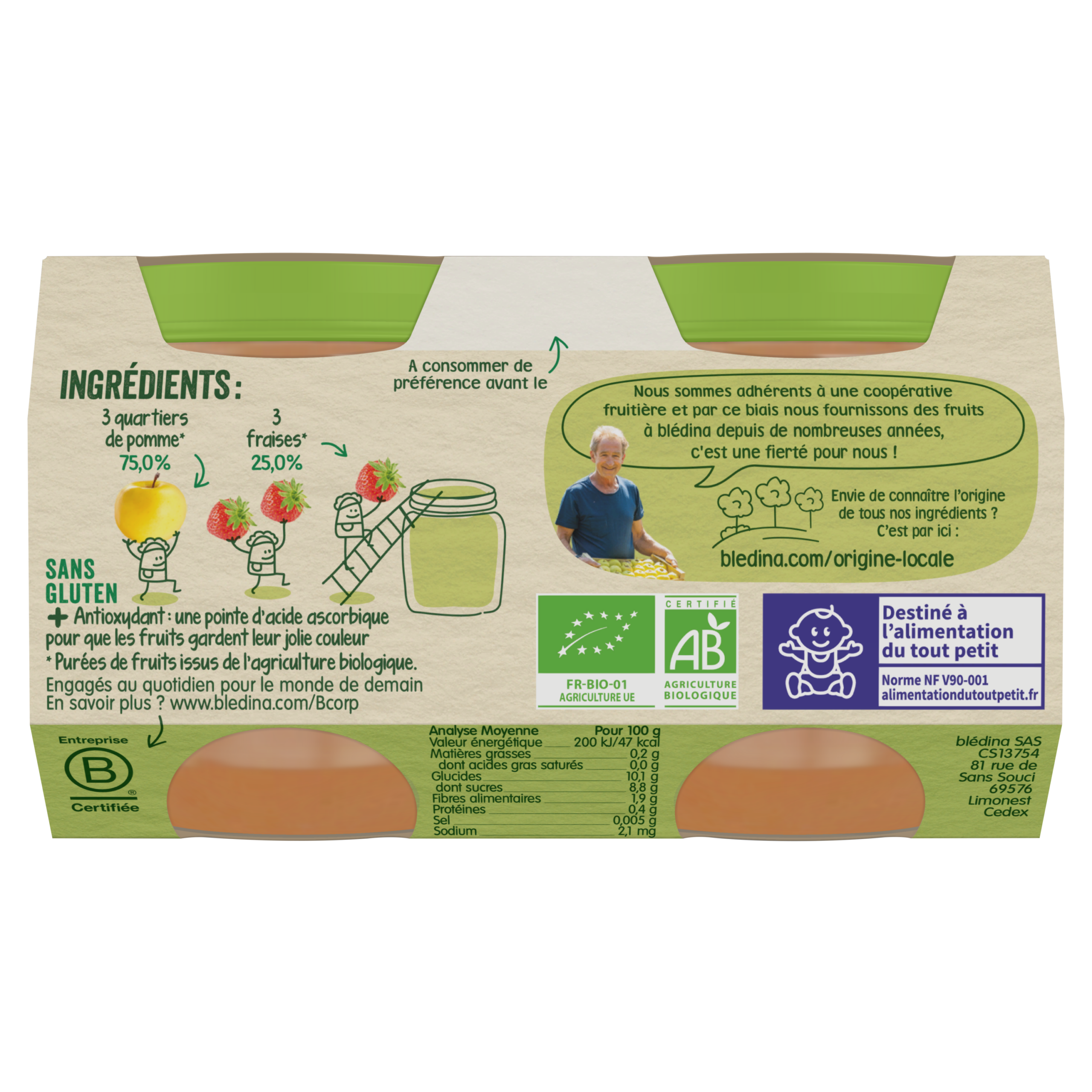 BLEDINA LES RECOLTES BIO POTS Pommes Fraises 2x130g Dès 4/6 mois