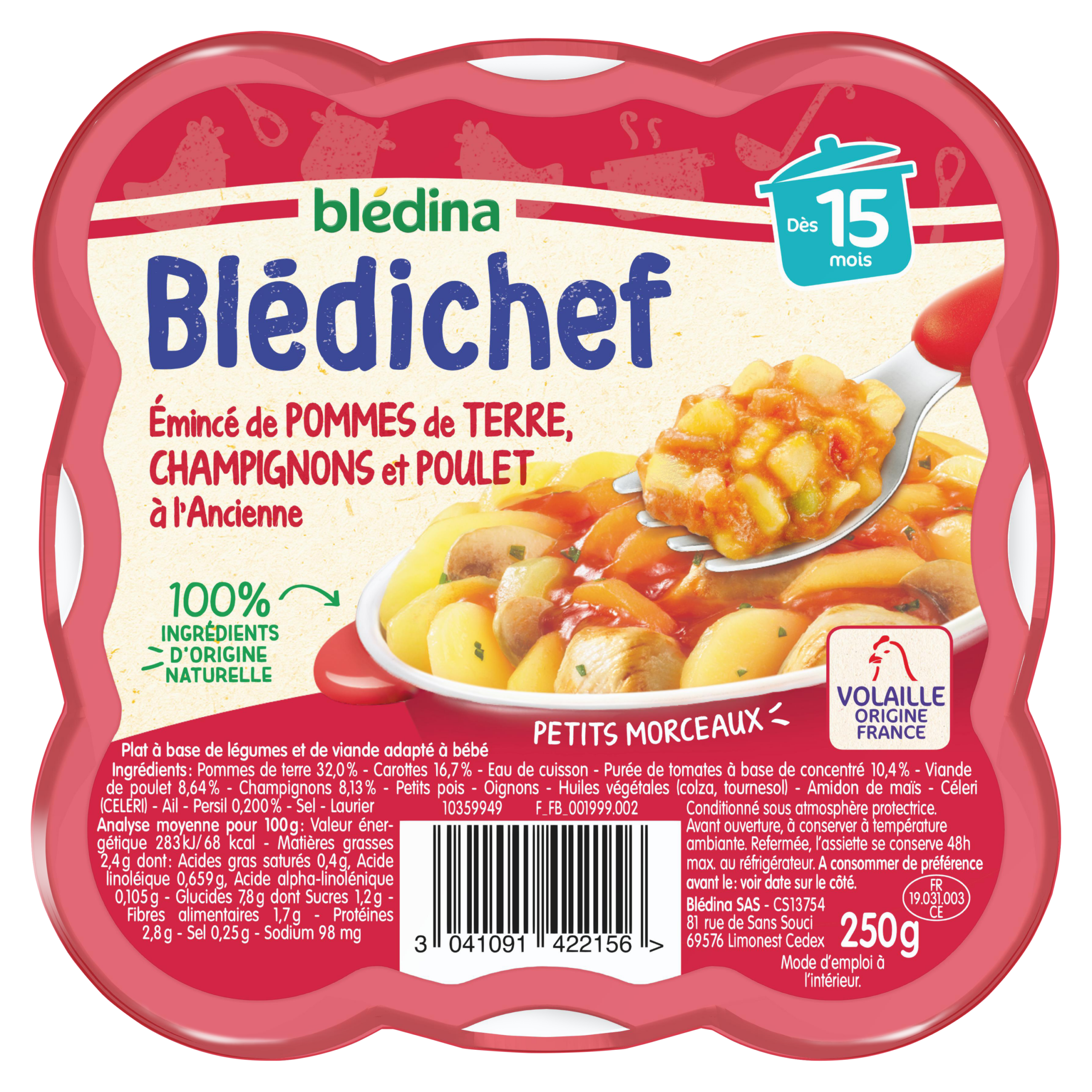 BLEDICHEF 250g Emincé de Pommes de terre, Champignons et Poulet à l'Ancienne Dès 15 mois