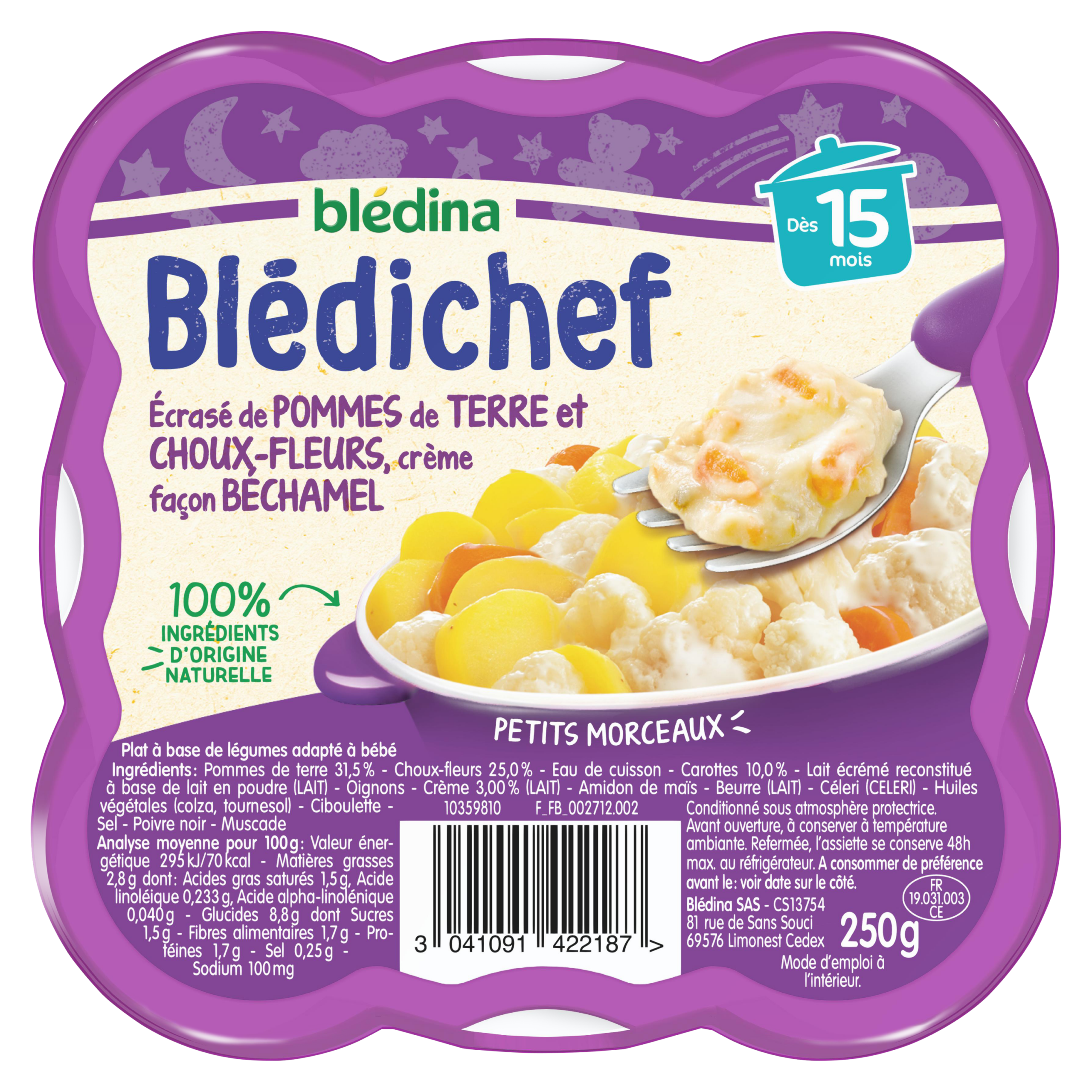 BLEDINA BLEDICHEF Ecrasé de Pommes de Terre et Choux-Fleurs, Crème Façon Béchamel 250g Dès 15 Mois