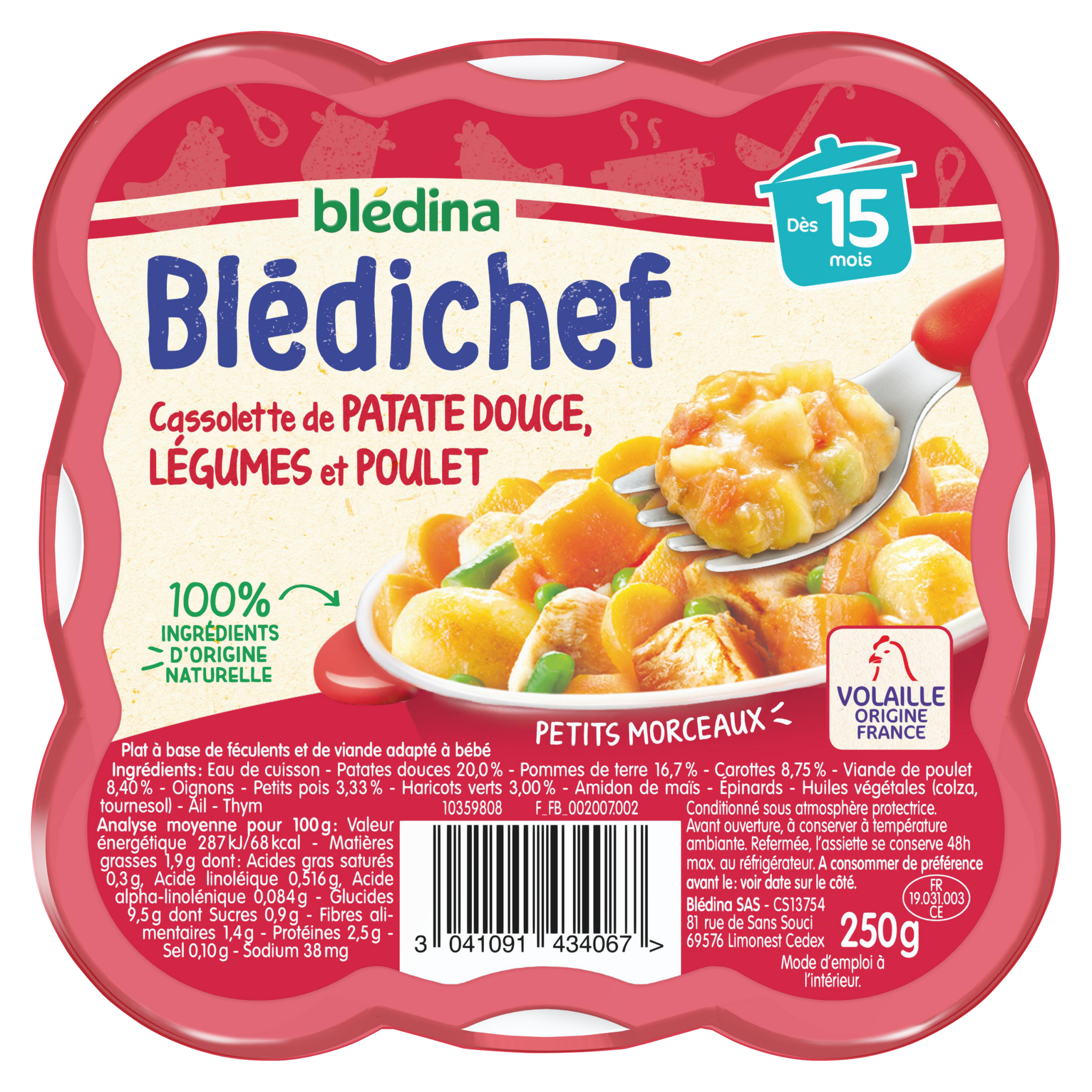 BLEDINA BLEDICHEF Cassolette de Patate Douce, Légumes et Poulet 250g Dès 15 Mois