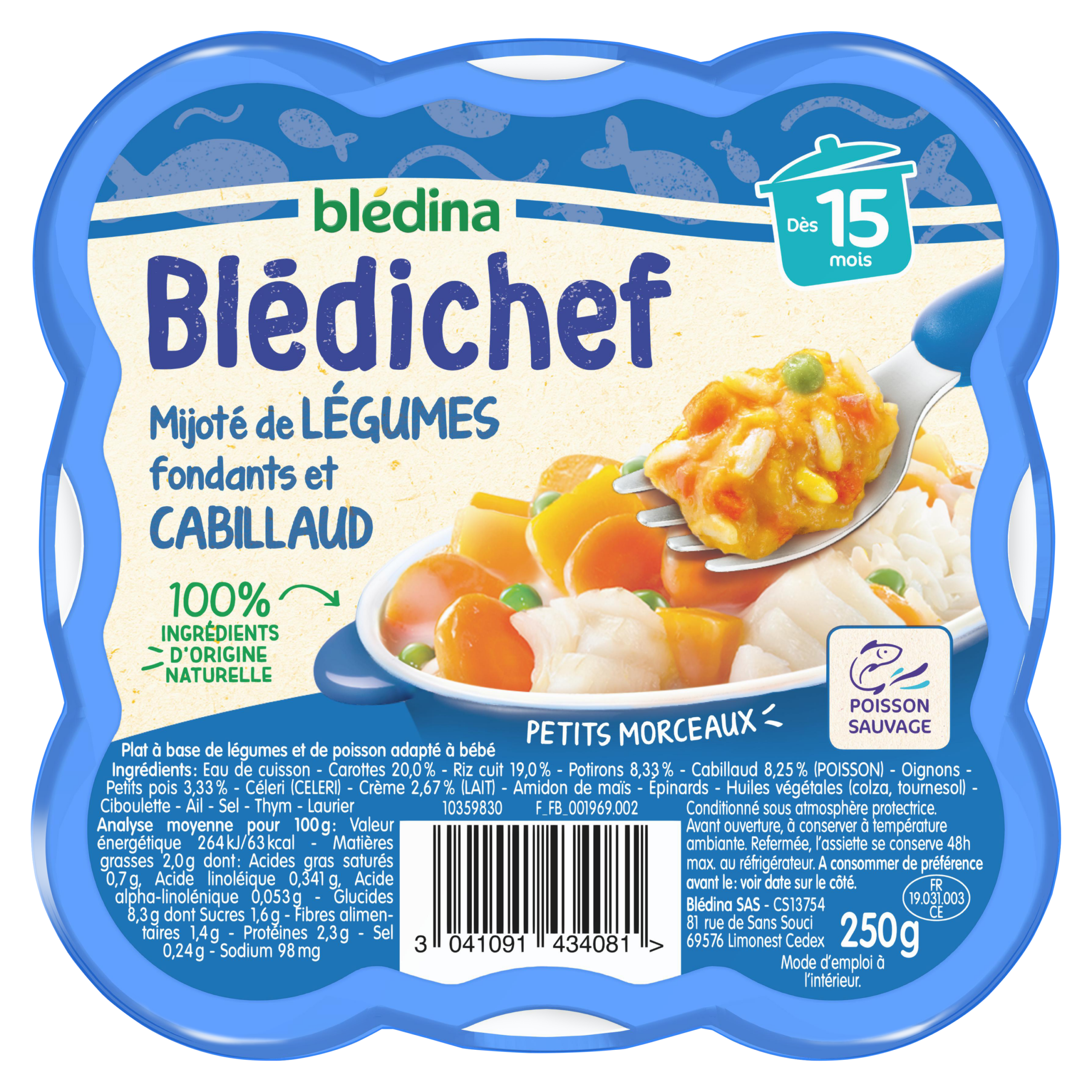 BLEDINA BLEDICHEF Mijoté de Légumes Fondants et Cabillaud 250g Dès 15 Mois