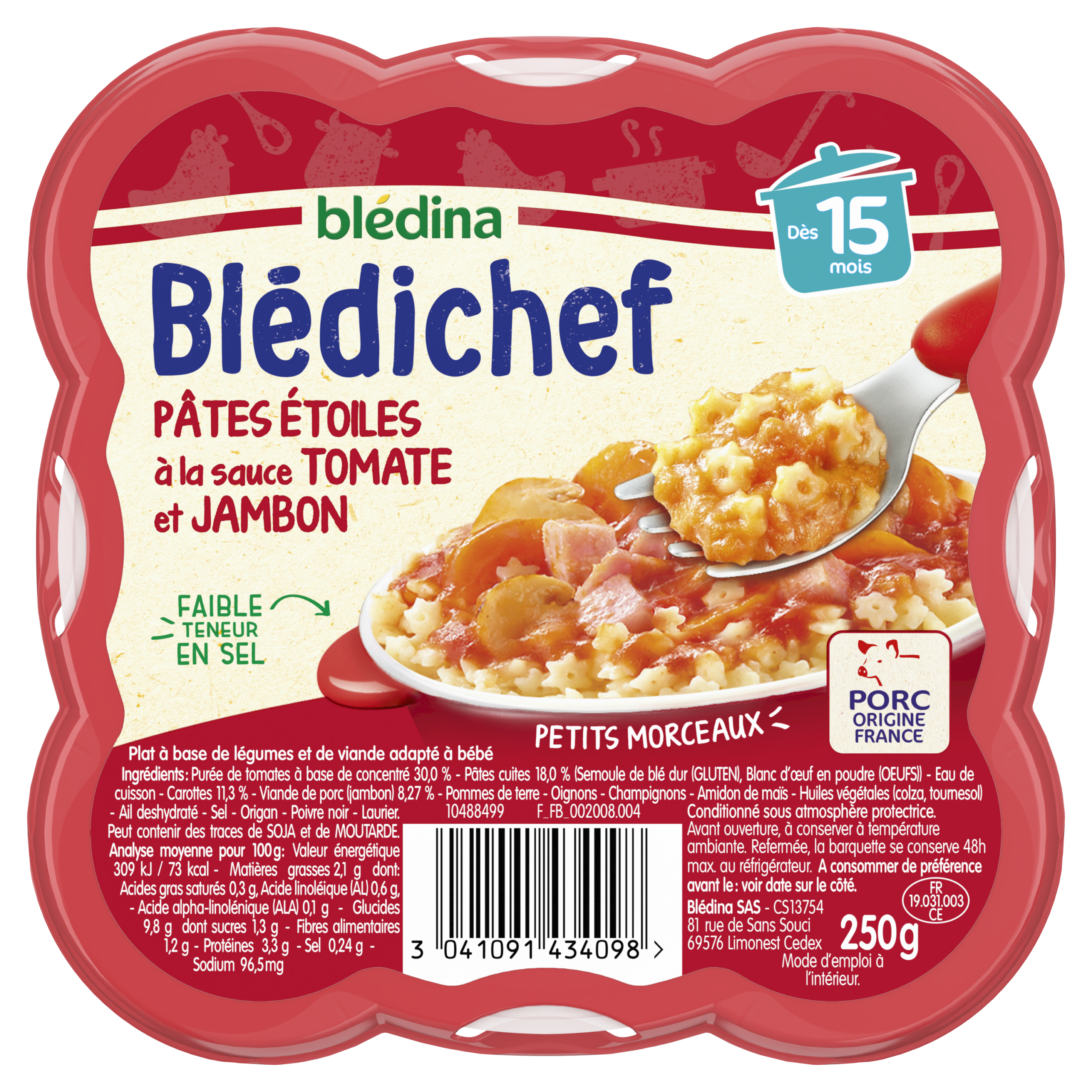 BLEDINA BLEDICHEF Pâtes Etoiles à la Sauce Tomate  et Jambon 250g Dès 15 mois