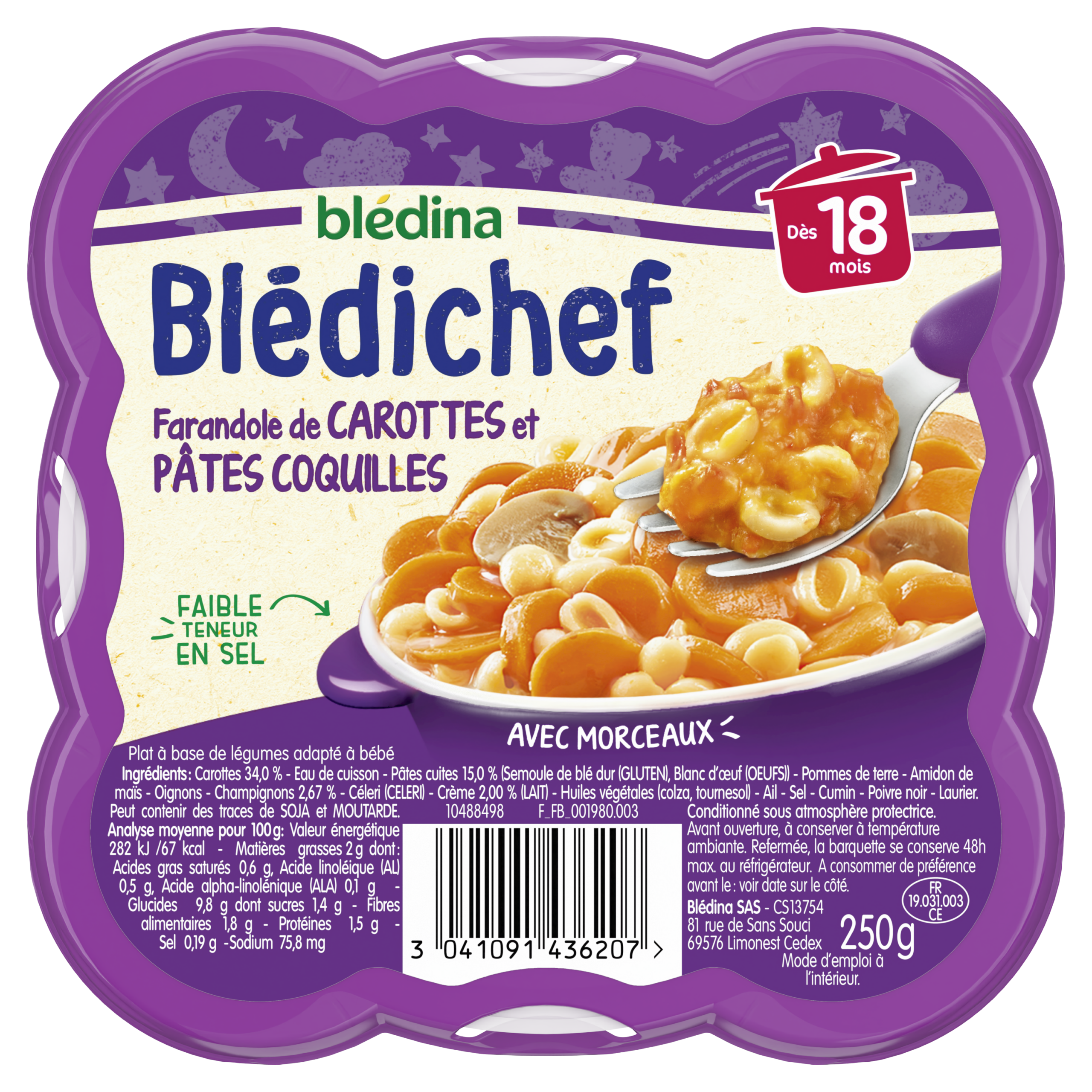 BLEDICHEF Farandole de Carottes et Pâtes Coquilles 250g Dès 18 mois