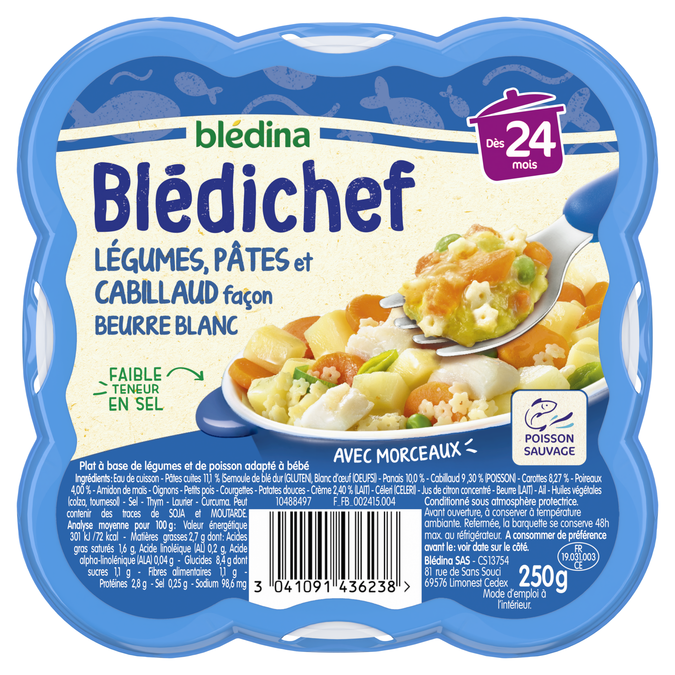 BLEDICHEF Légumes, Pates et Cabillaud Façon Beurre Blanc 250g Dès 24 mois