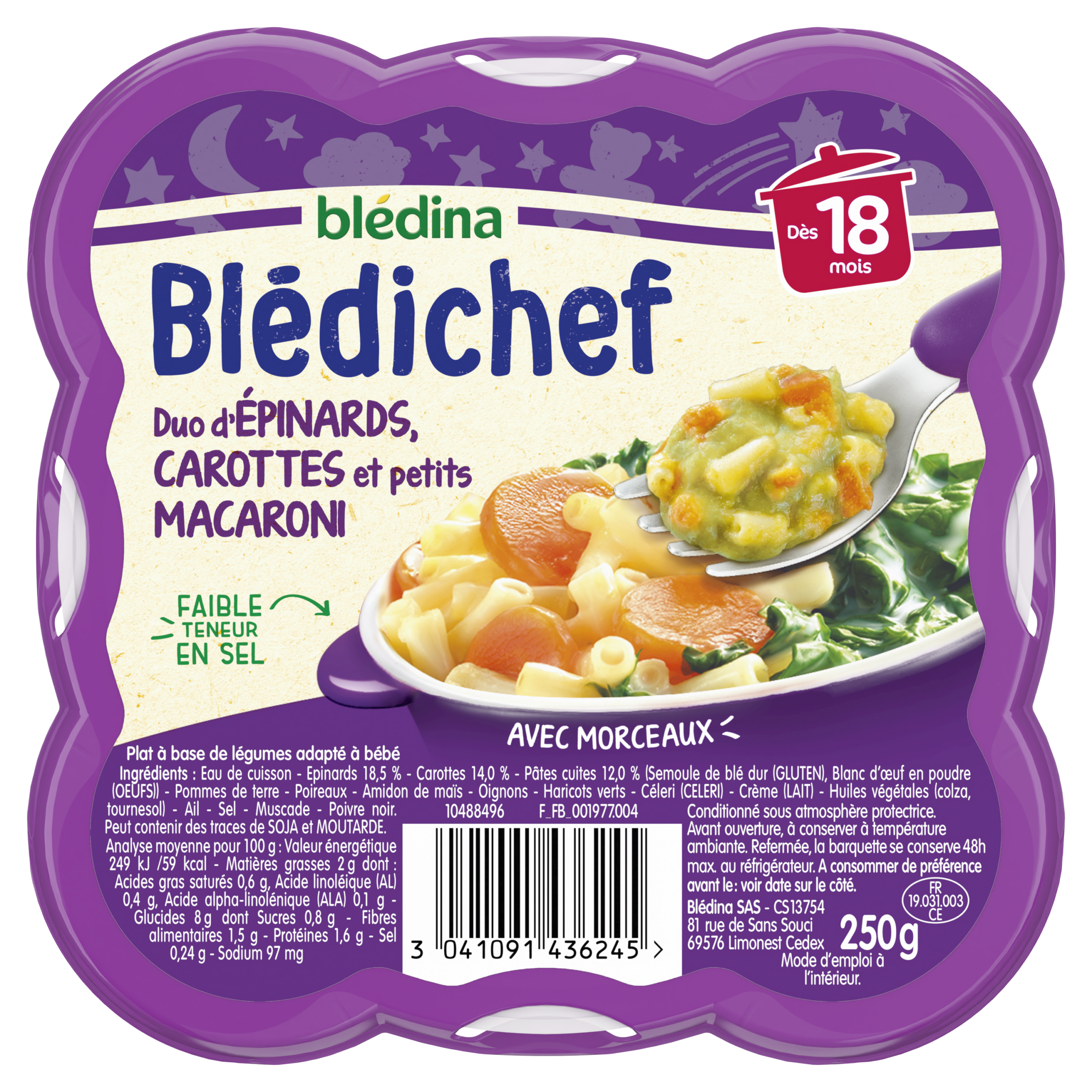 BLEDINA BLEDICHEF  Duo d'Epinards, Carottes et Petits Macaroni 250g Dès 18 mois