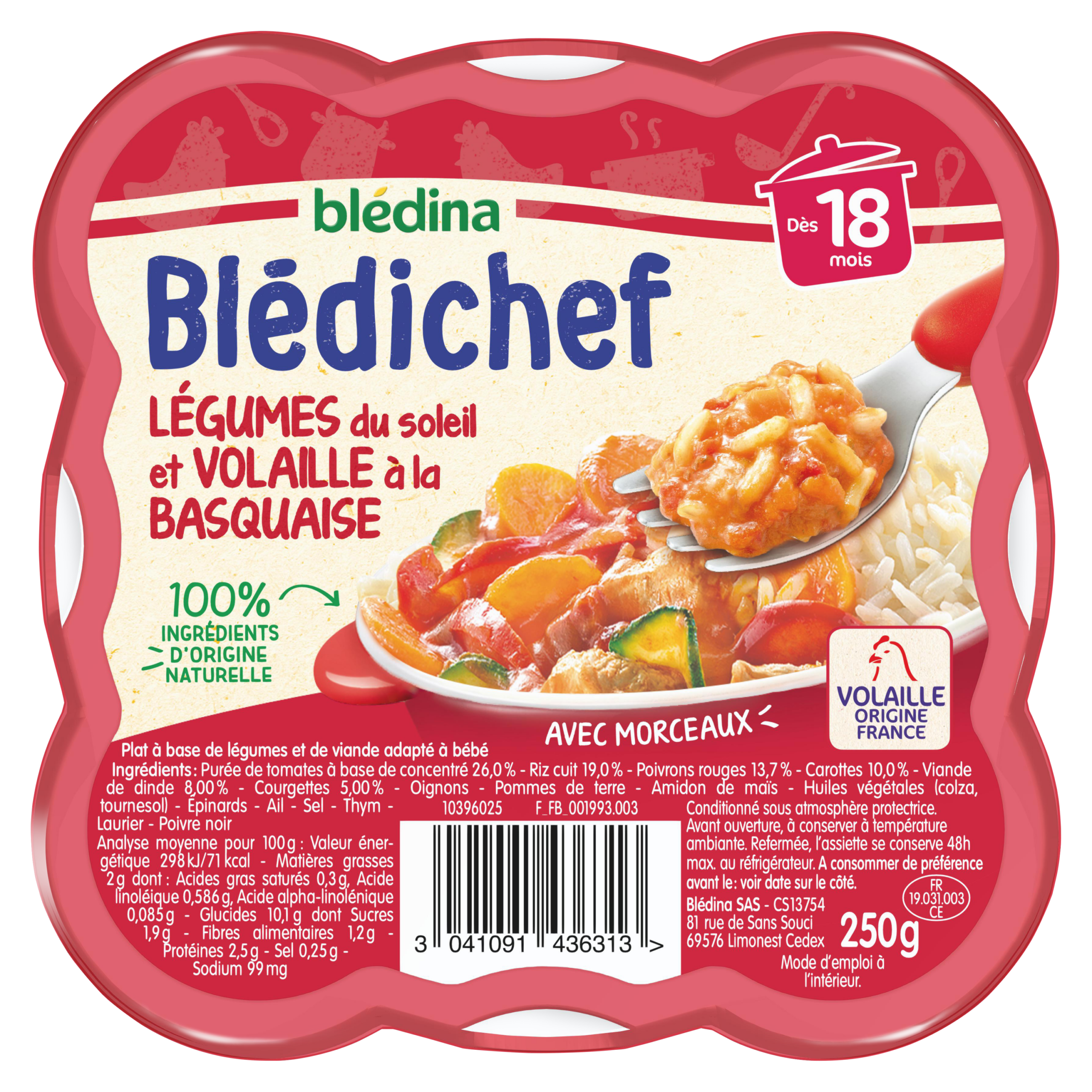 BLEDINA BLEDICHEF Légumes du Soleil et Volaille à la Basquaise 250g Dès 18 Mois