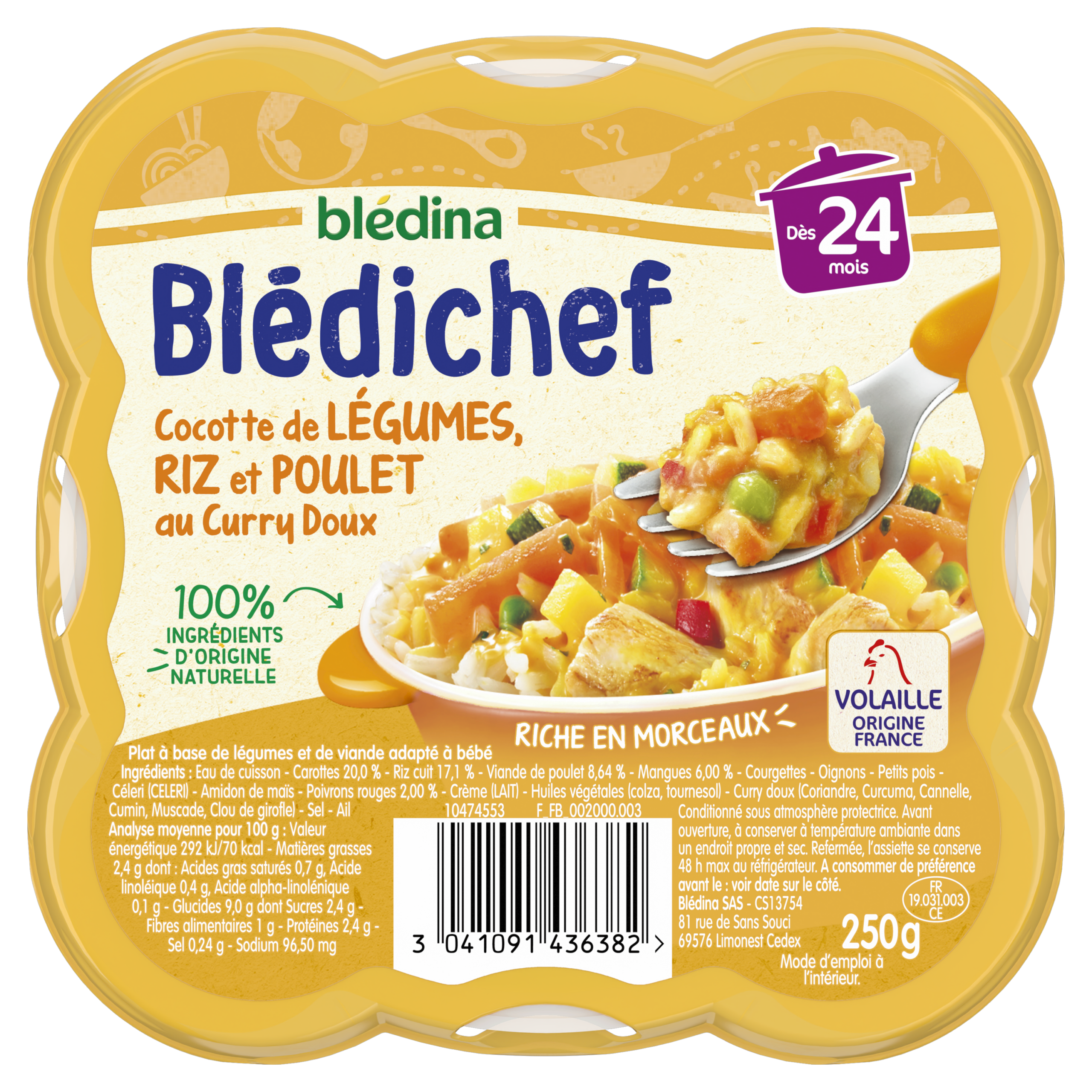 BLEDINA BLEDICHEF Petit Plat Cocotte de Légumes, Riz et Poulet au Curry Doux 250g dès 24 mois