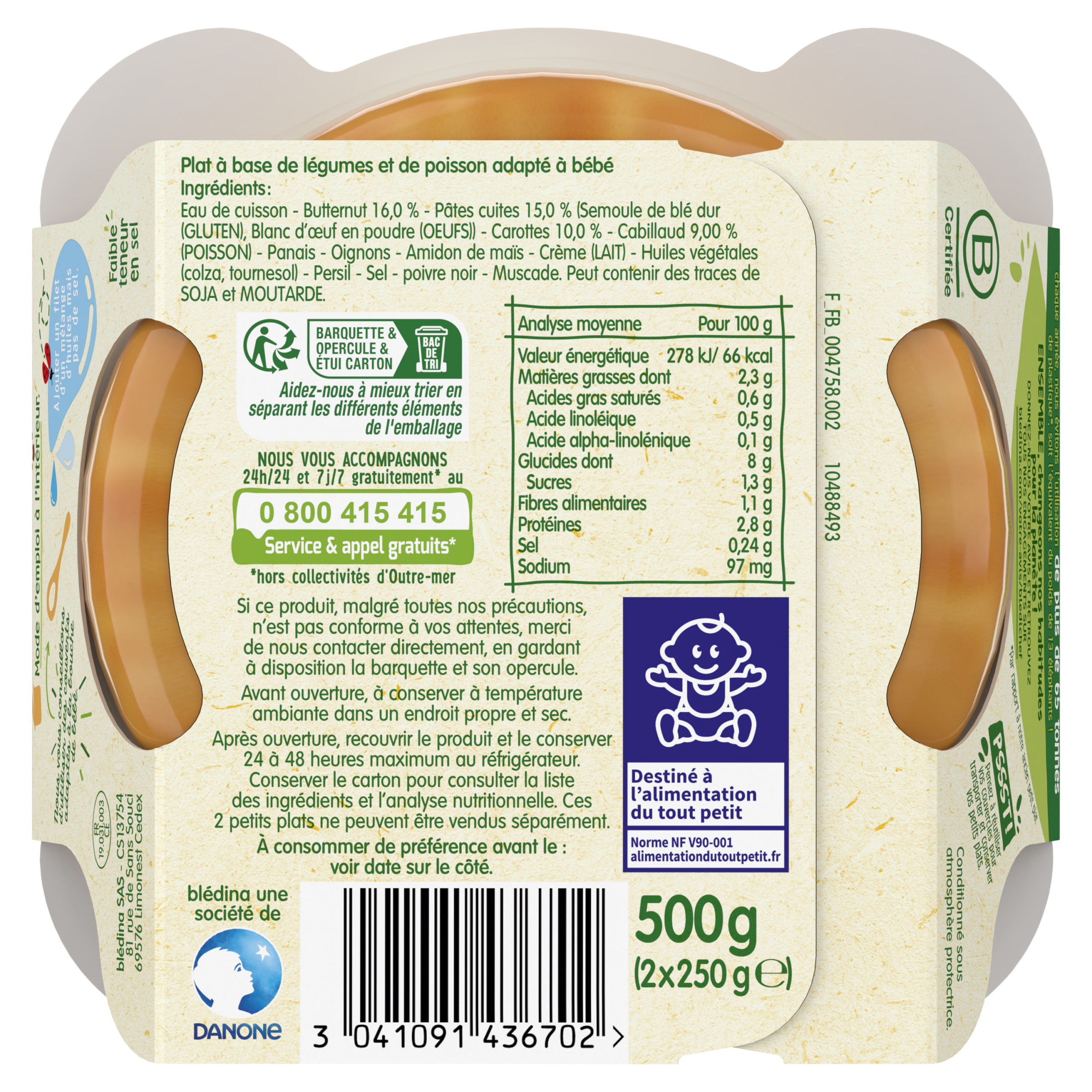 BLEDINA BLEDICHEF Etuvée de Butternut, Pâtes et Cabillaud 2x250g Dès 18 mois