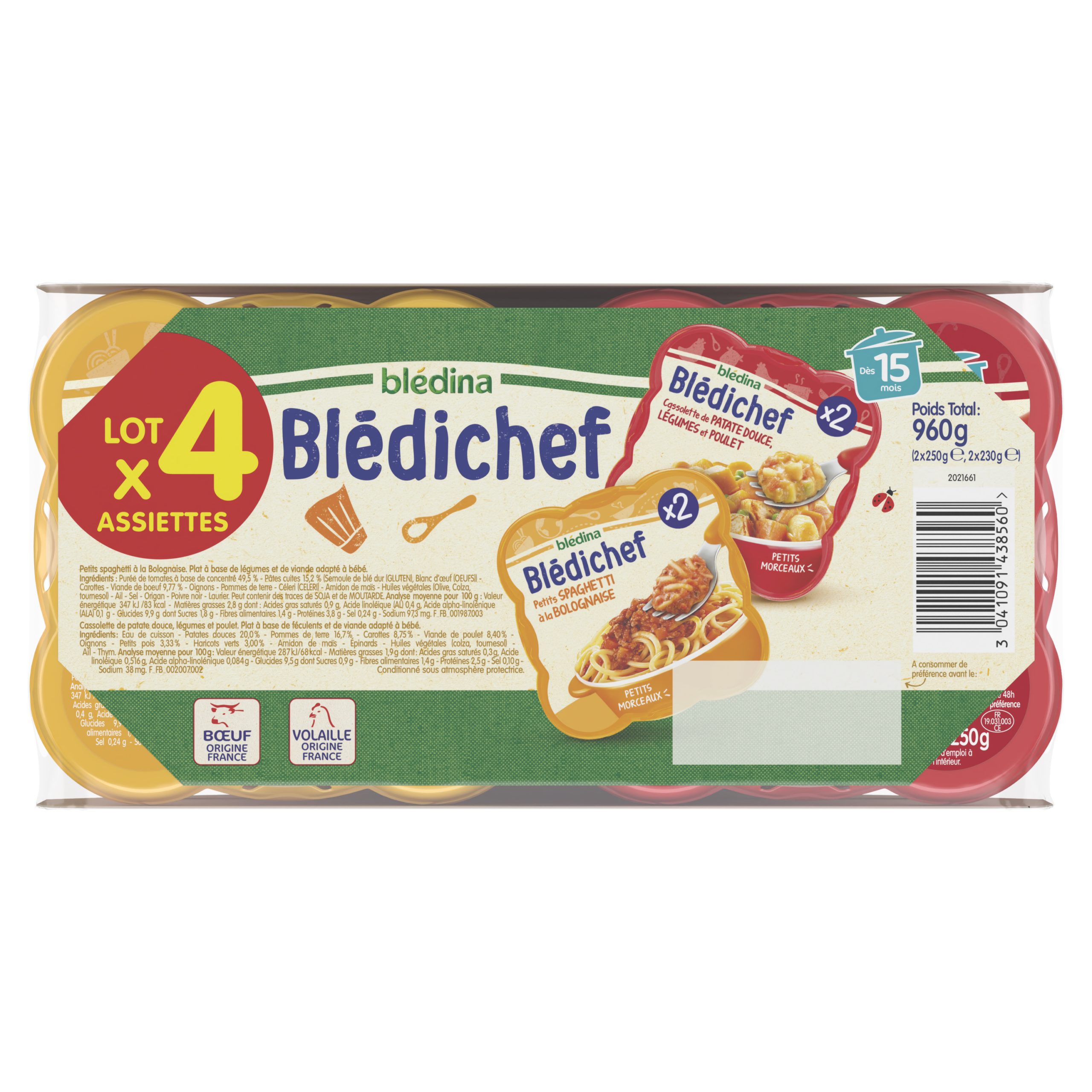 BLEDINA BLEDICHEF X4-  2 Cassolette de patates douces, légumes et poulet / 2 Spaghetti à la bolognaise dès 12 Mois