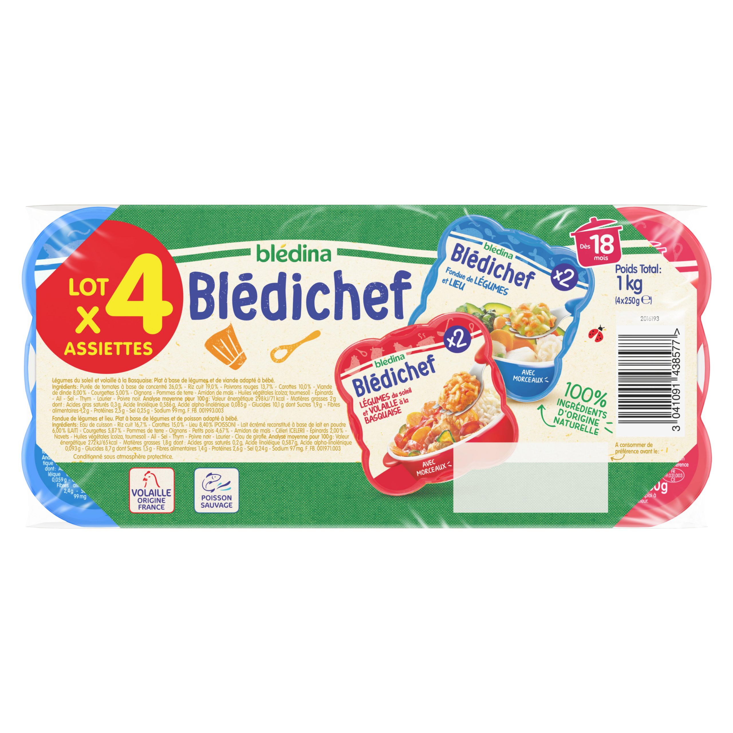 BLEDINA BLEDICHEF Fondue de Légumes et Lieu / Légumes du soleil et Volaille à la Basquaise 4x250g Dès 18 Mois