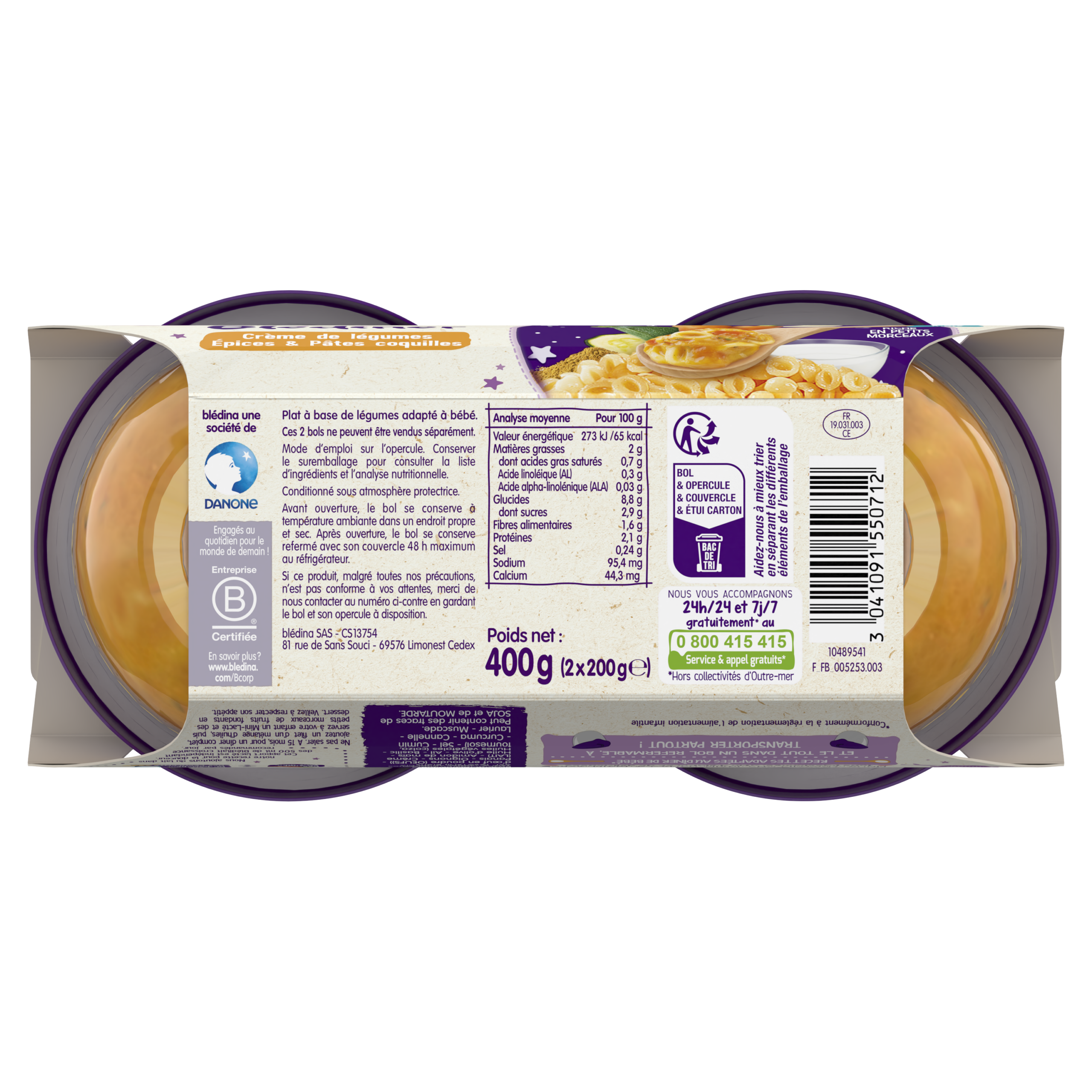 BLEDINA BLEDINER BOL Crème de Légumes aux Epices Douces et Pâtes Coquilles 2x200G Dès 15 Mois