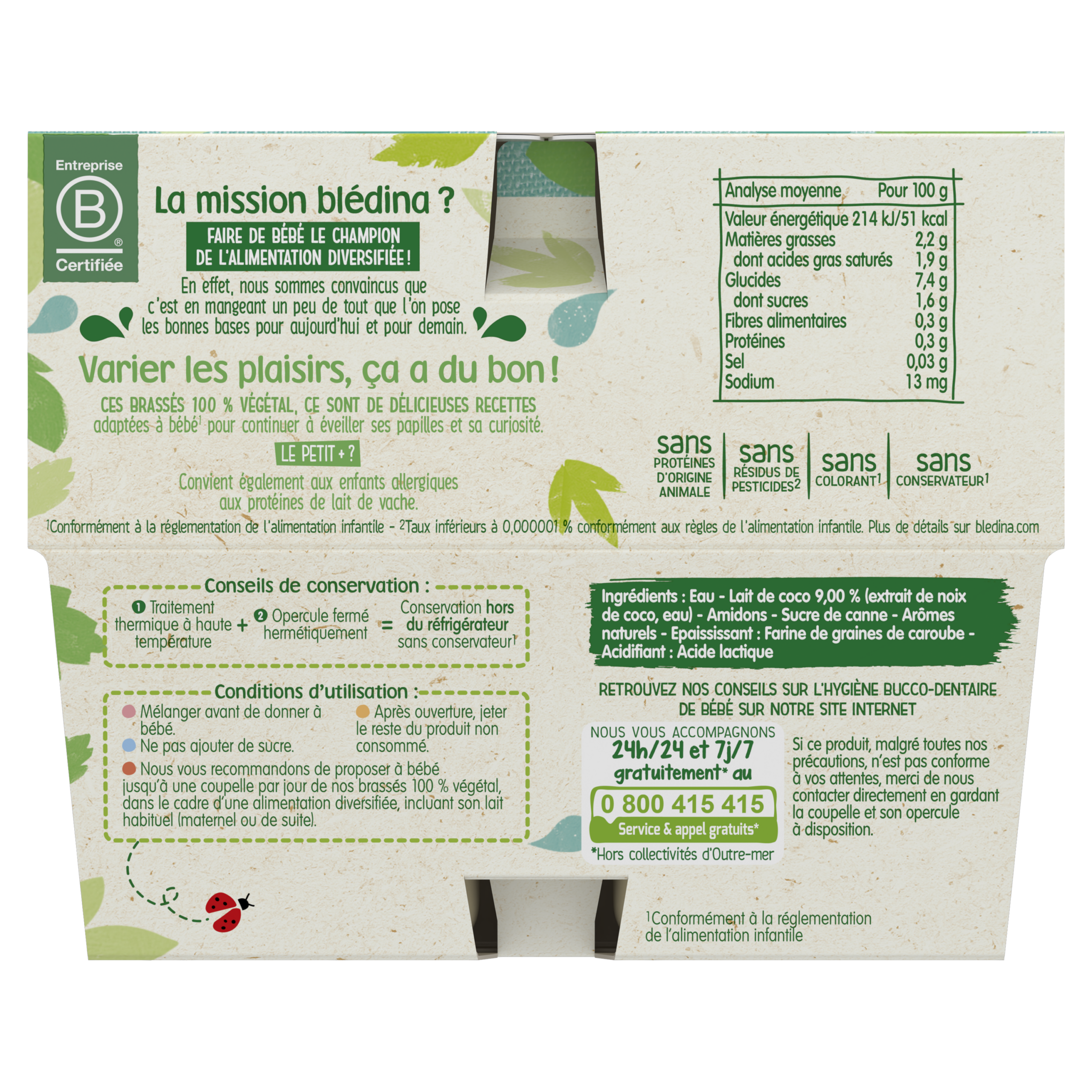 BLEDINA LES BRASSES 100% VEGETAL Lait de Coco Nature touche de sucre de canne 4x95g Dès 6 mois