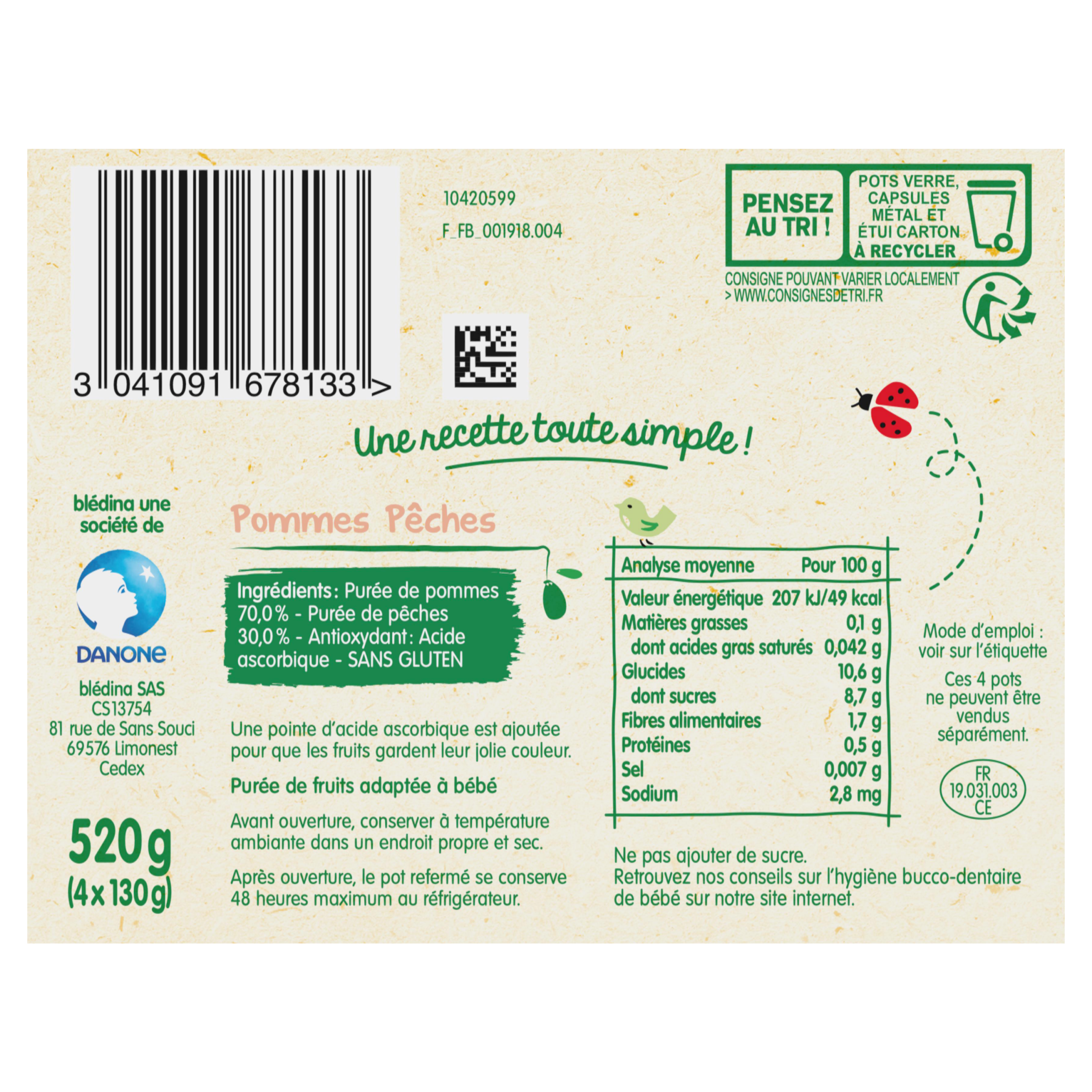 BLEDINA POTS FRUITS Pommes Pêches 4x130g Dès 4/6 mois