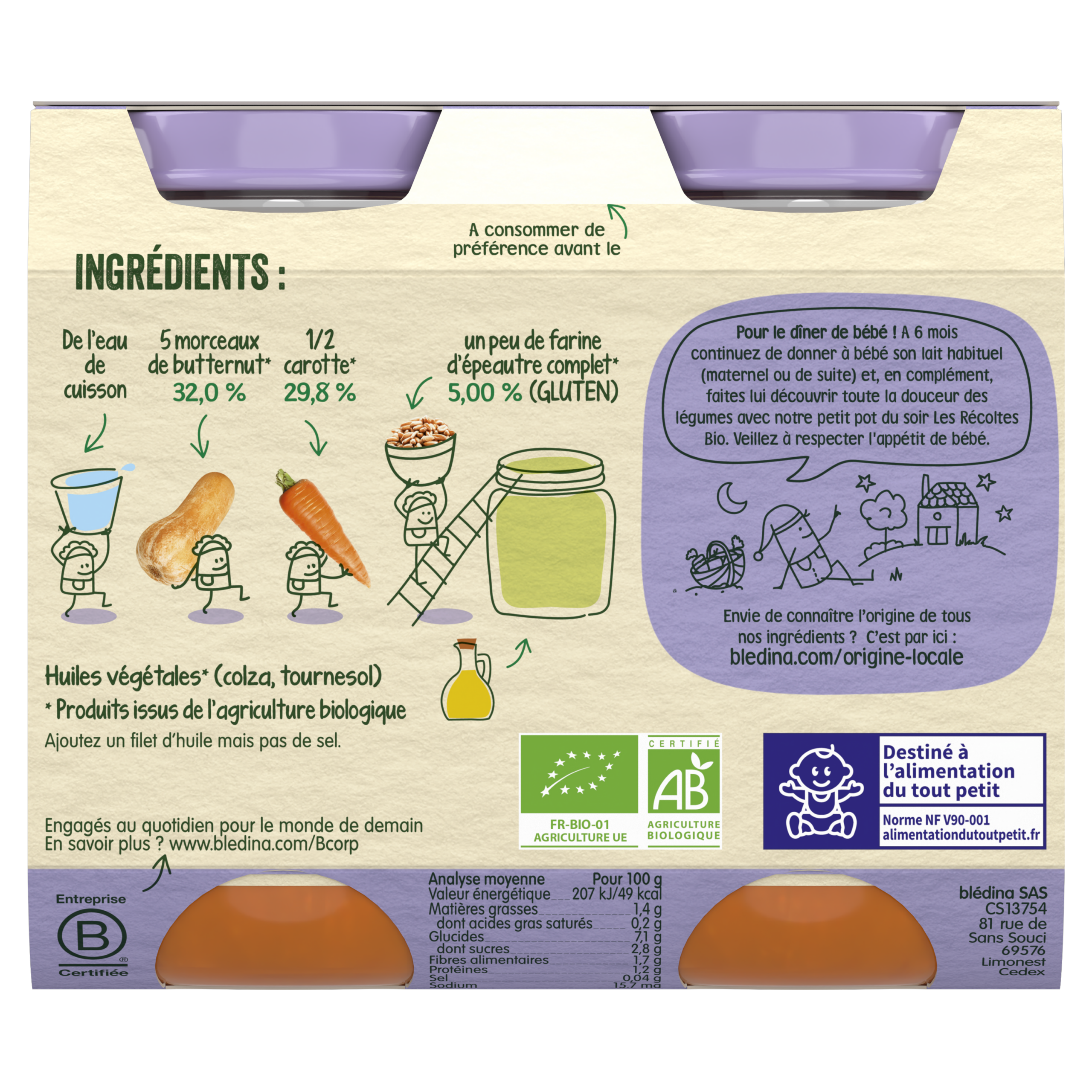 BLEDINA LES RECOLTES BIO Pot Butternut Carottes Epeautre 2x200g - dès 6 mois