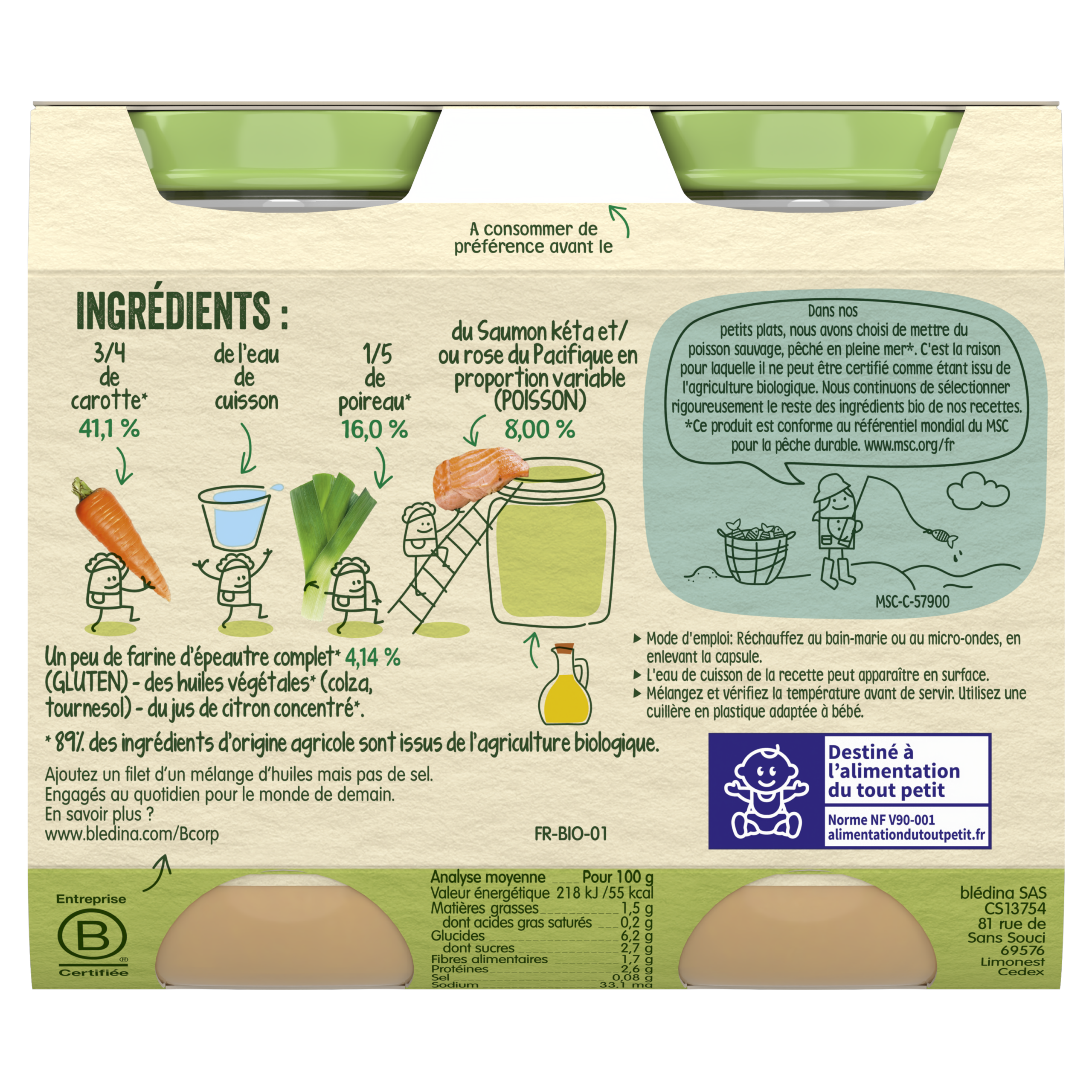 BLEDINA LES RECOLTES ENGAGEES Pots Carottes Poireaux Epeautre Saumon Sauvage 2X200G DES 6 MOIS