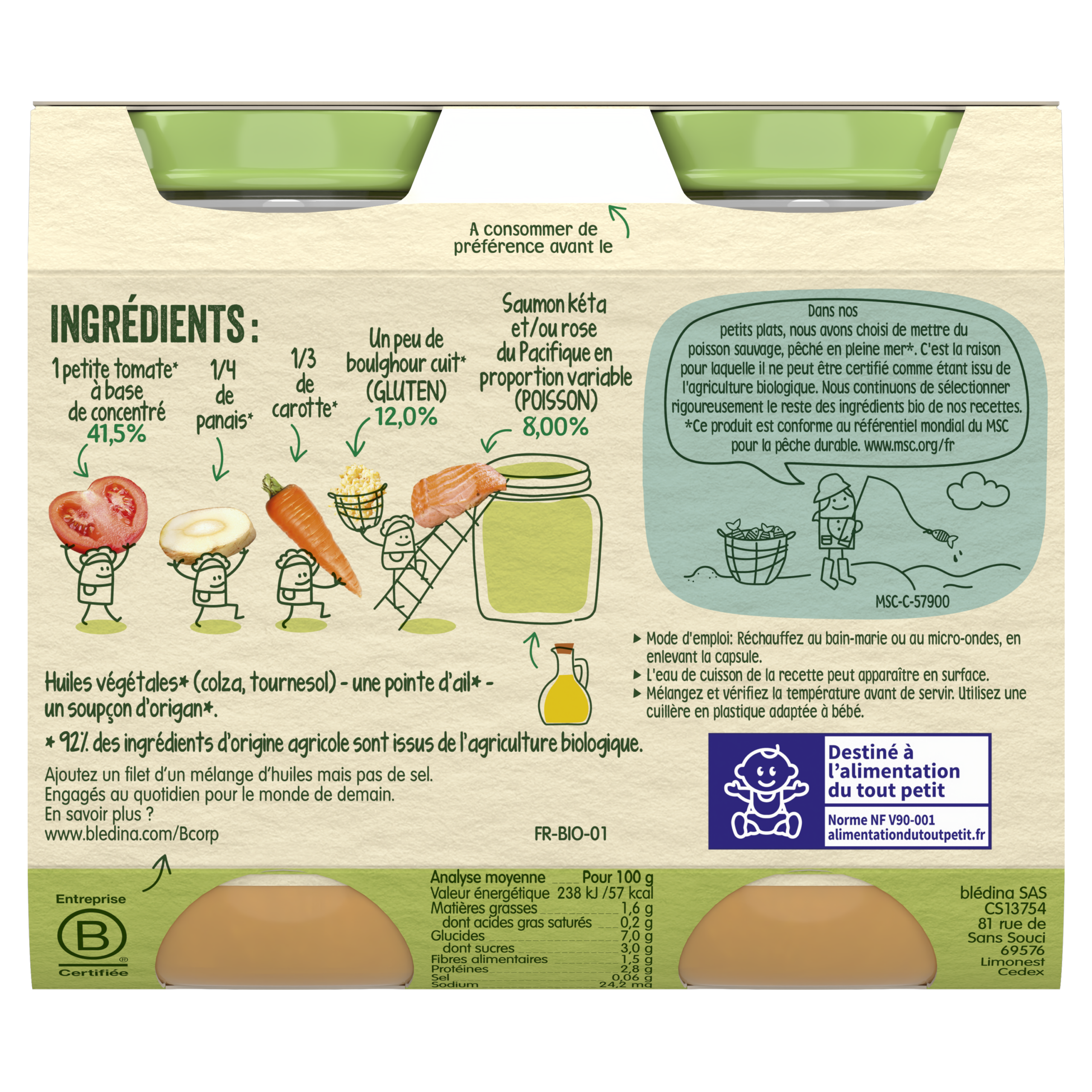 BLEDINA LES RECOLTES ENGAGEES Pots Tomates boulghour Saumon Sauvage 2X200G DES 8 MOIS