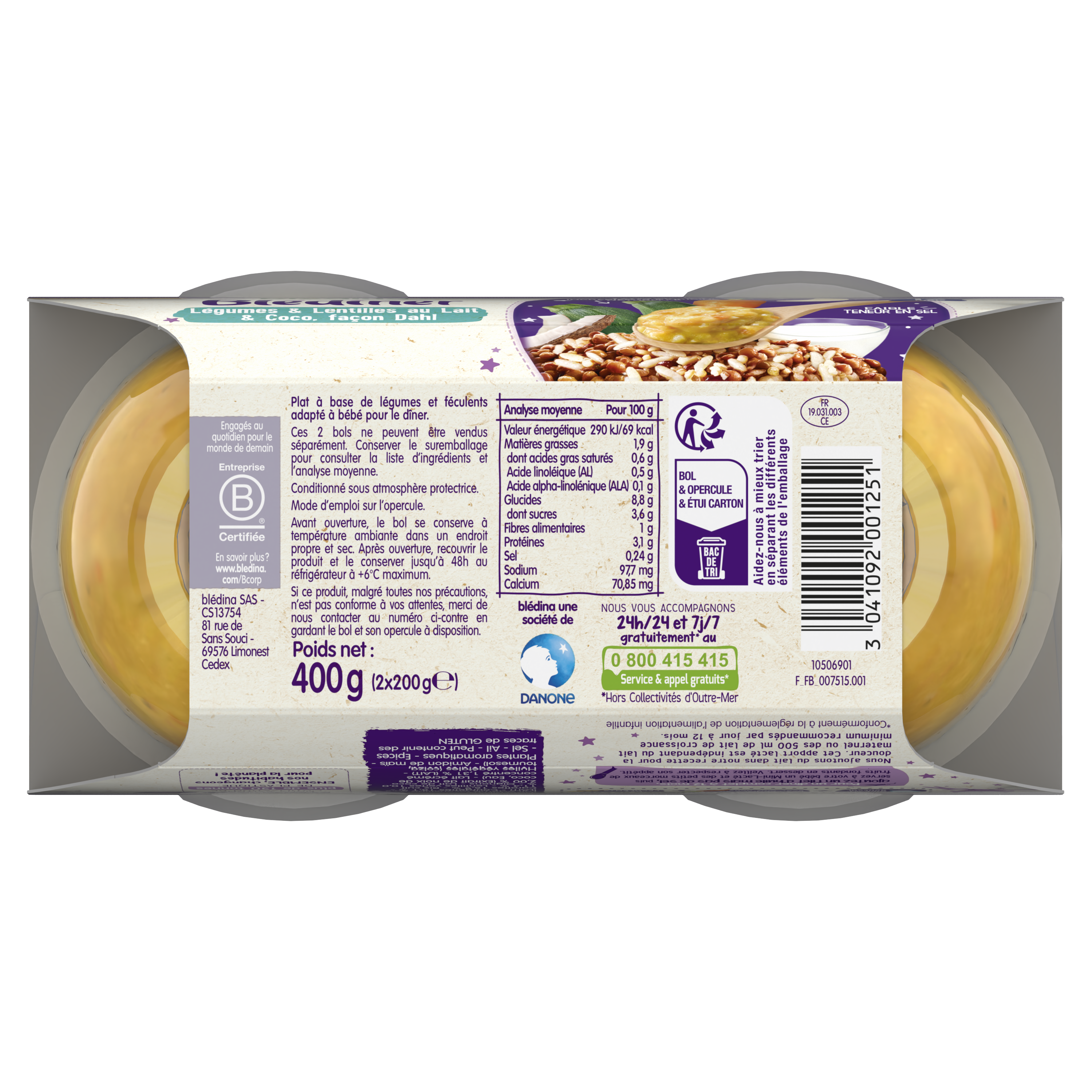 BLEDINA BLEDINER BOLS Purée de lentilles aux légumes et lait de coco 2x200g Dès 12 mois