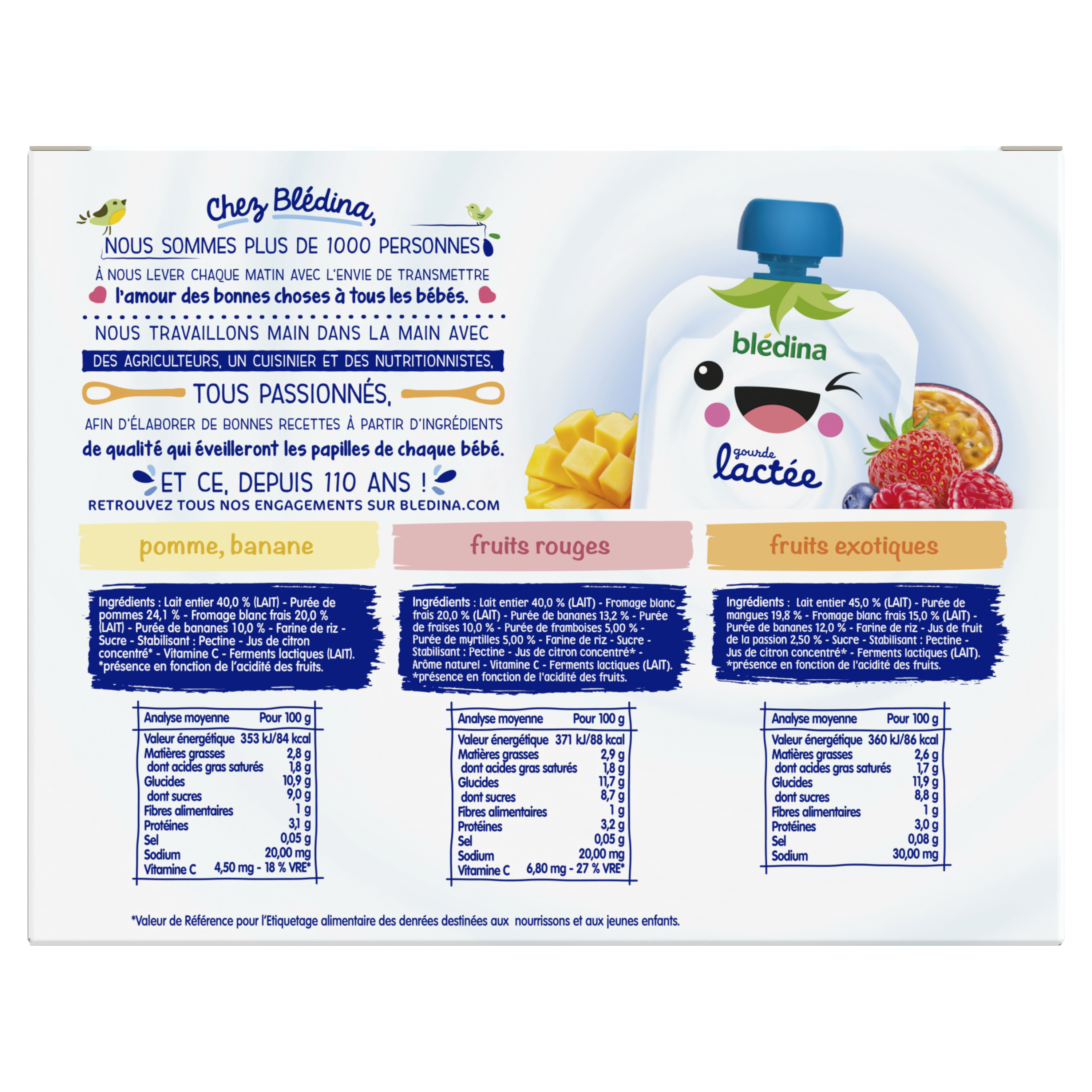 BLEDINA Gourdes Lactées 8X85G 2 Fraise, 2 Pomme Banane, 2 Fruits Exotiques,2 Fruits Rouges dès 10 mois