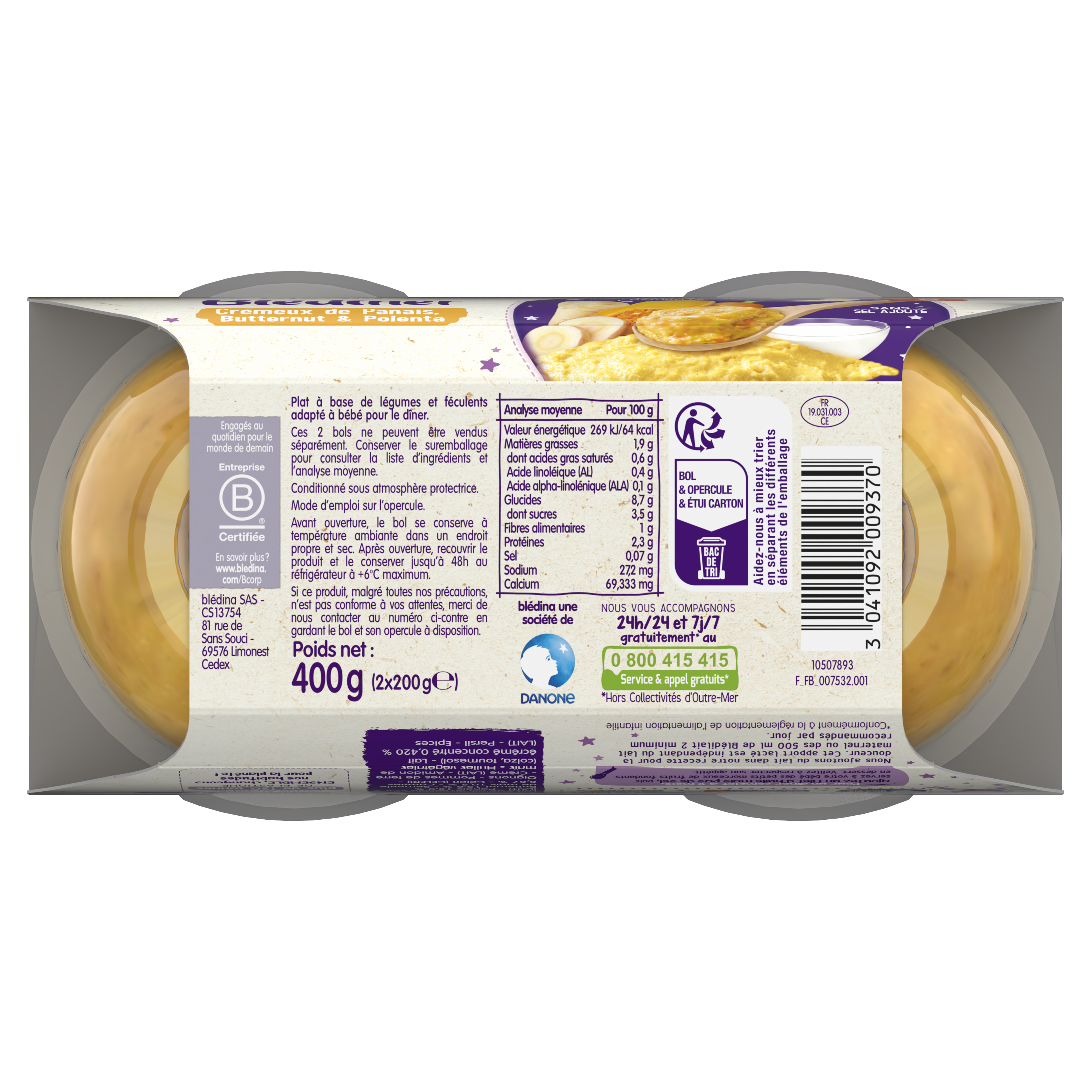 BLEDINA BLEDINER BOLS Crémeux de Panais, Butternut et Polenta 2x200g Dès 8 mois