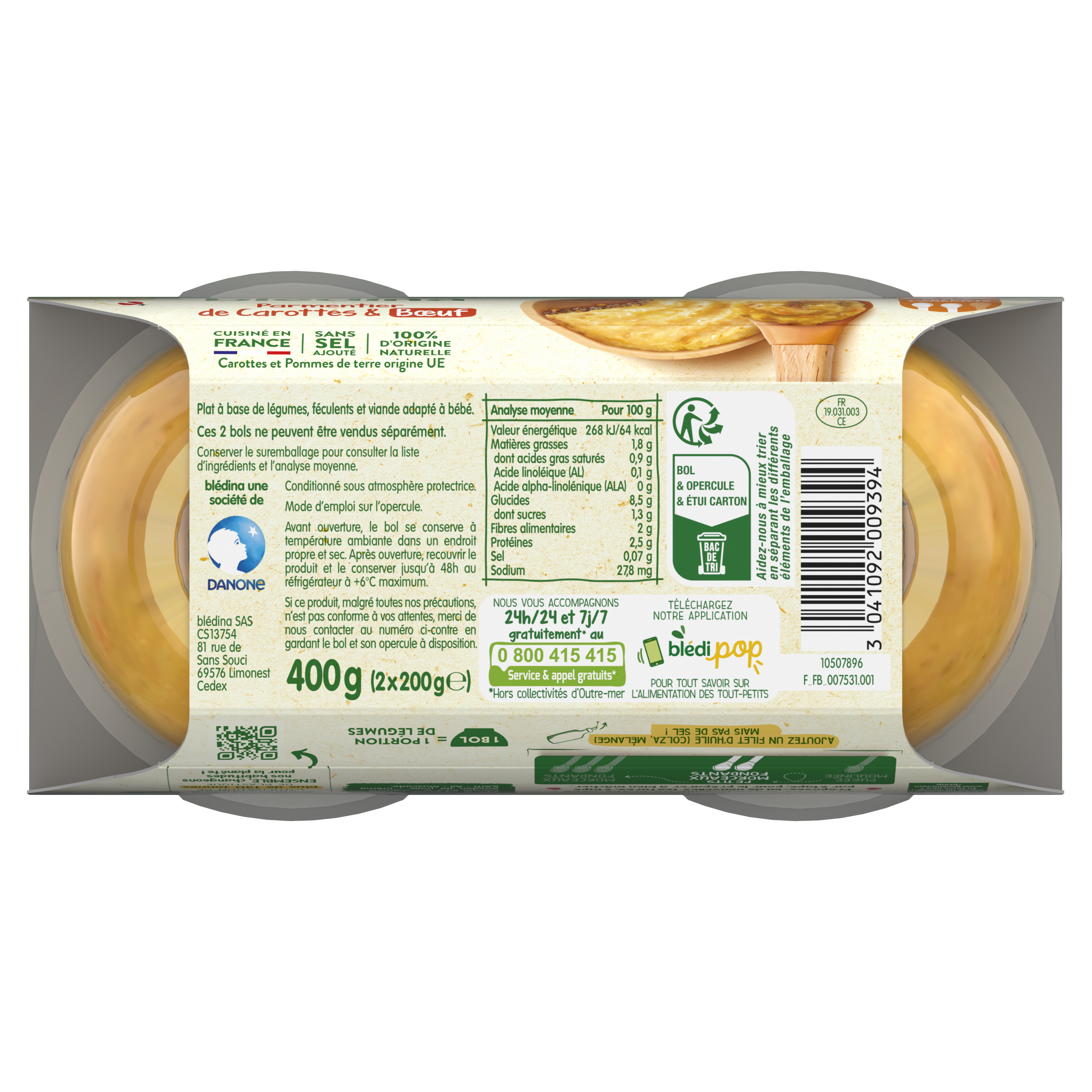 BLEDINA BOLS Parmentier de Carottes & Boeuf 2x200g dès 8 mois