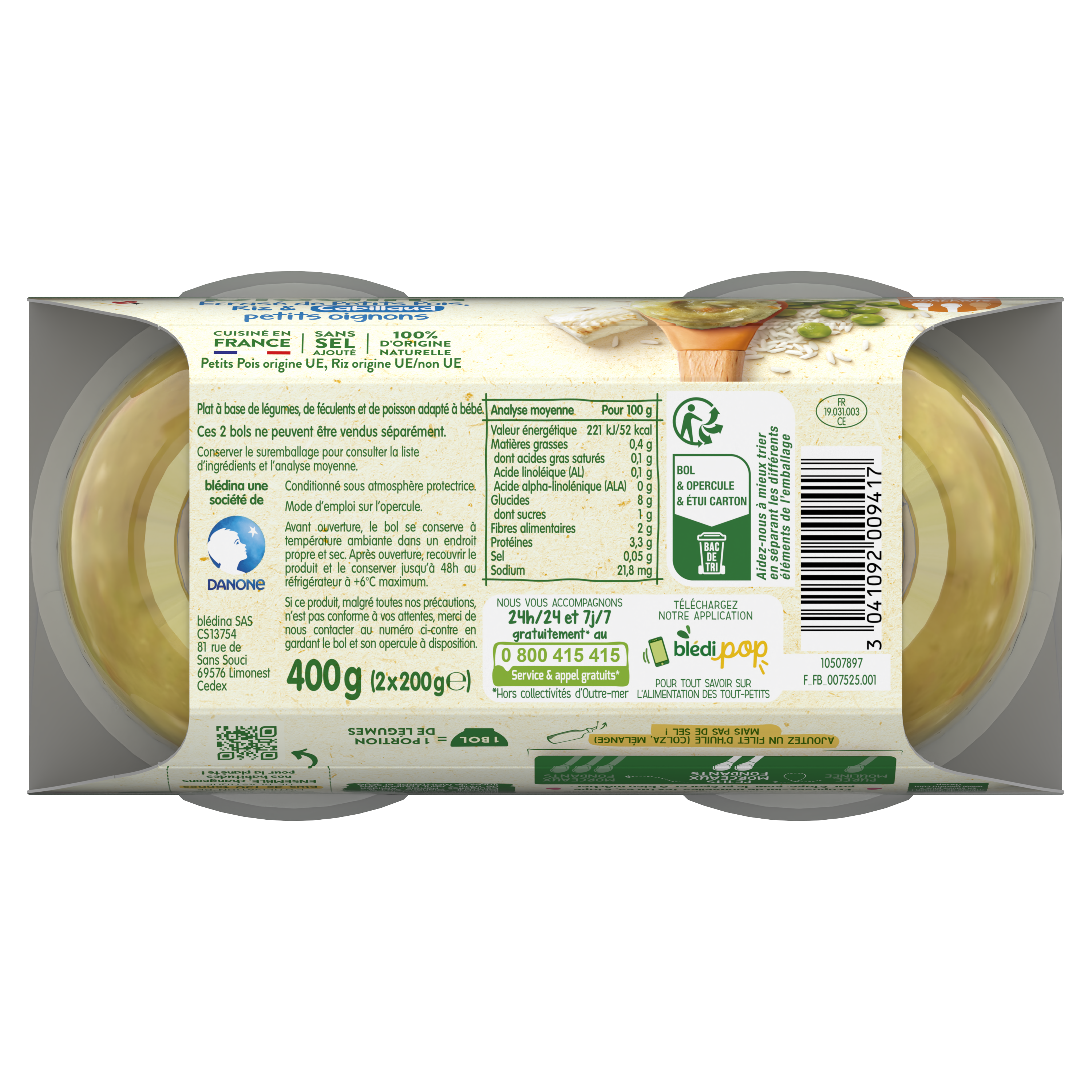 BLEDINA BOLS Ecrasé de petits pois, Riz, Cabillaud & petits oignons 2x200g dès 8 Mois