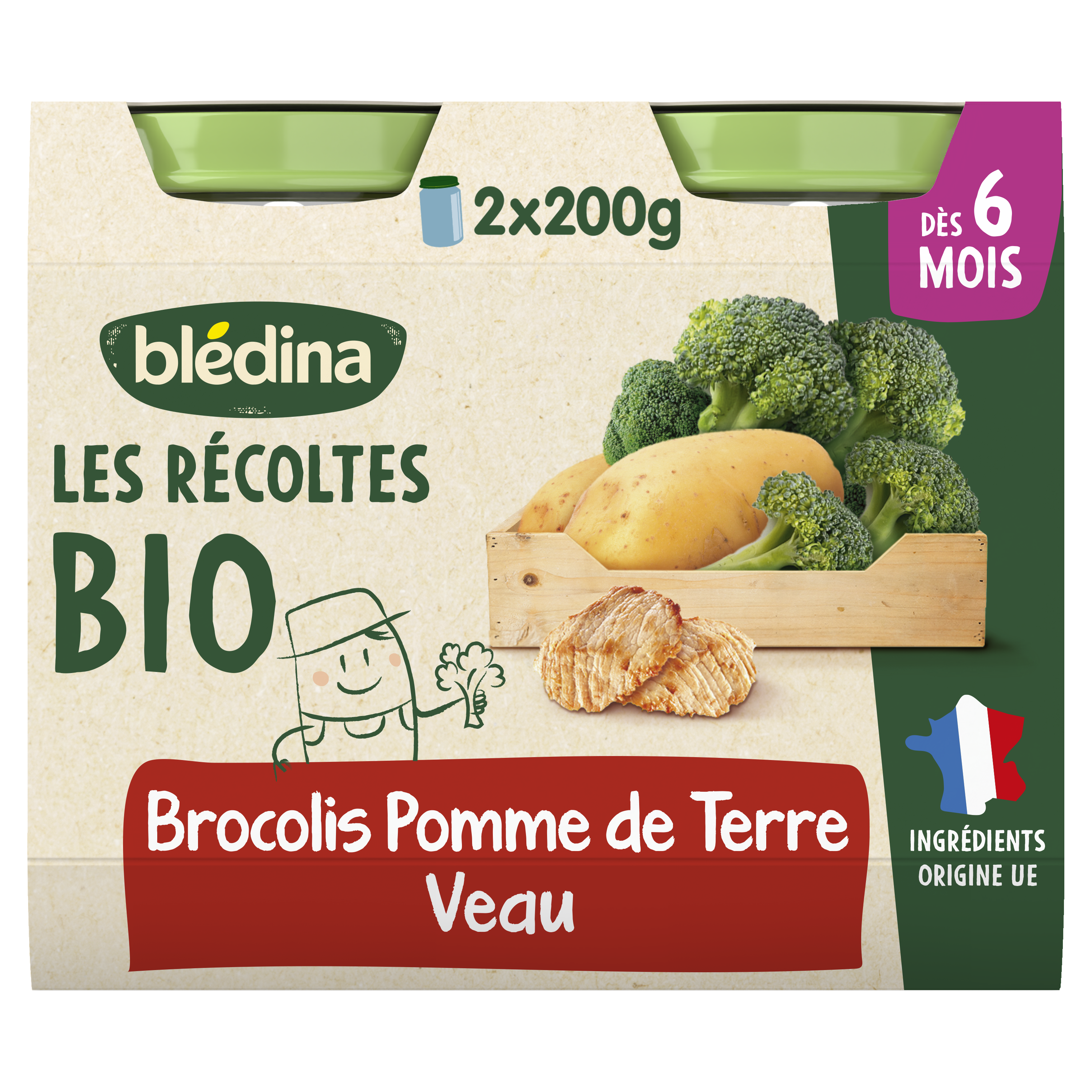 BLEDINA LES RECOLTES BIO Brocolis Pommes de Terre Veau 2x200g Dès 6 Mois