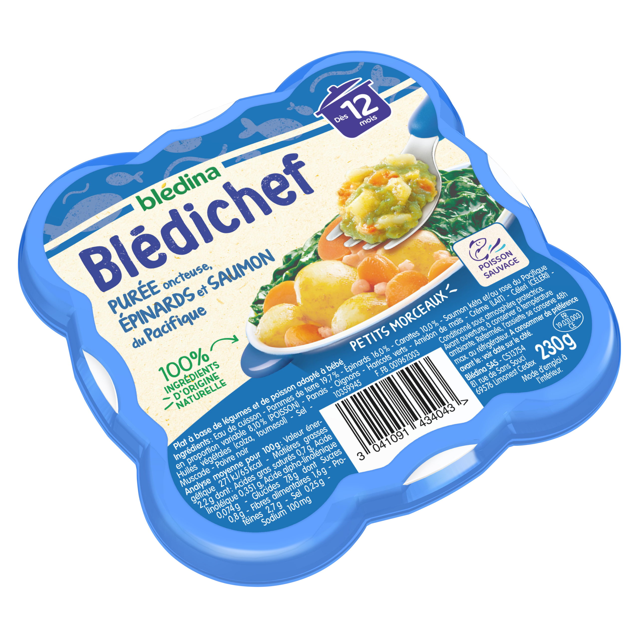 BLEDINA BLEDICHEF Purée onctueuse, Epinards et Saumon du Pacifique 230g Dès 12 Mois