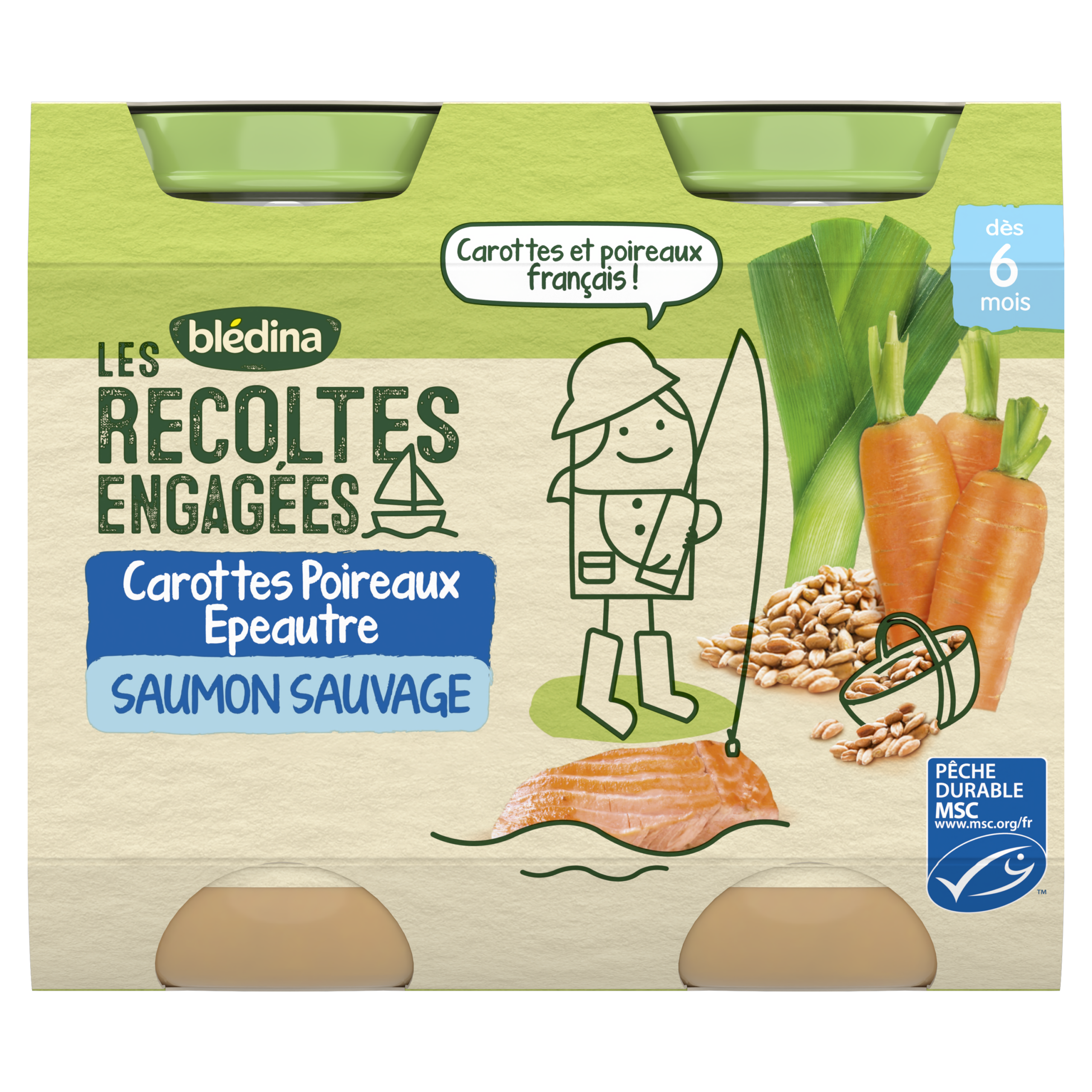 BLEDINA LES RECOLTES ENGAGEES Pots Carottes Poireaux Epeautre Saumon Sauvage 2X200G DES 6 MOIS