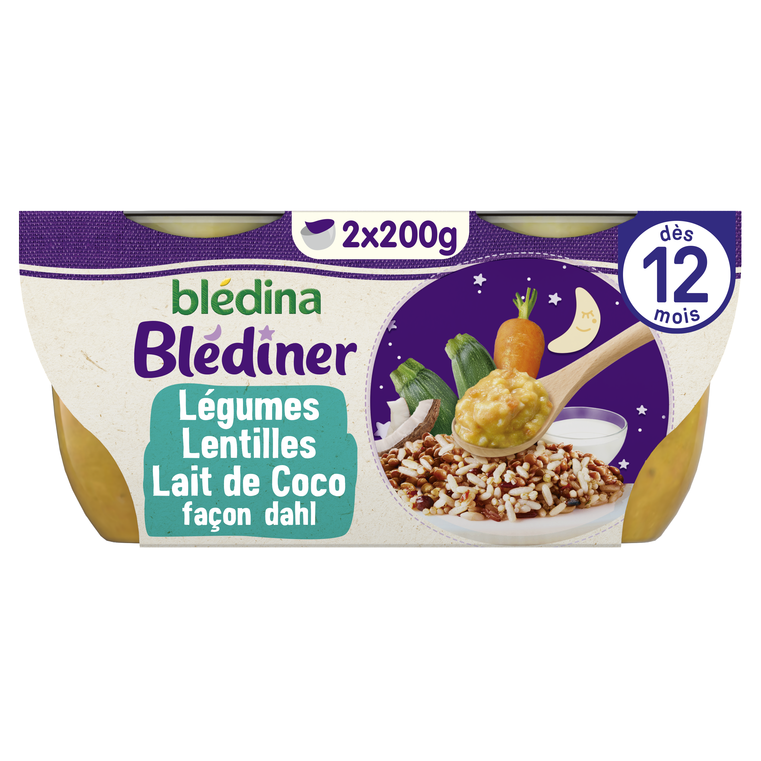 BLEDINA BLEDINER BOLS Purée de lentilles aux légumes et lait de coco 2x200g Dès 12 mois