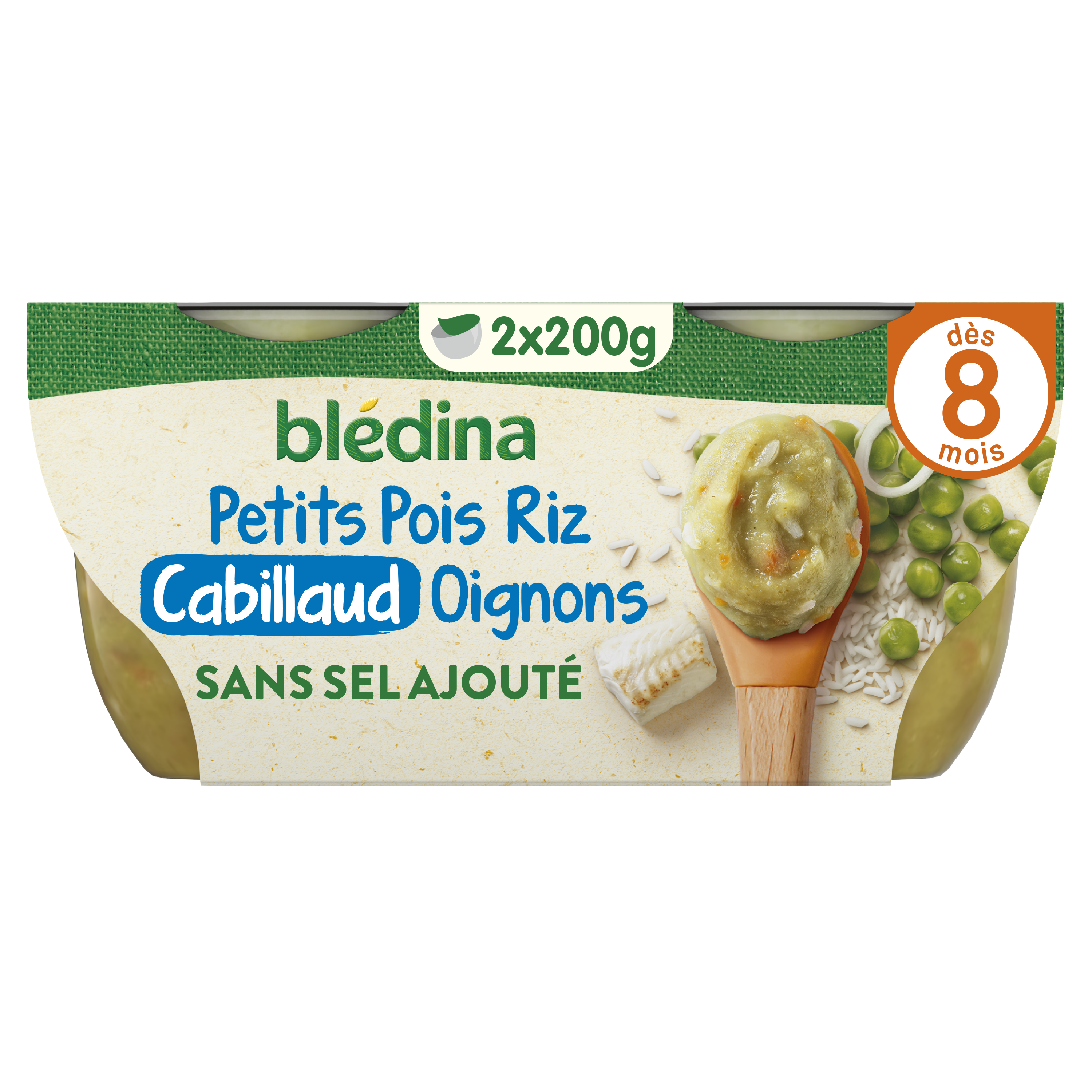 BLEDINA BOLS Ecrasé de petits pois, Riz, Cabillaud & petits oignons 2x200g dès 8 Mois