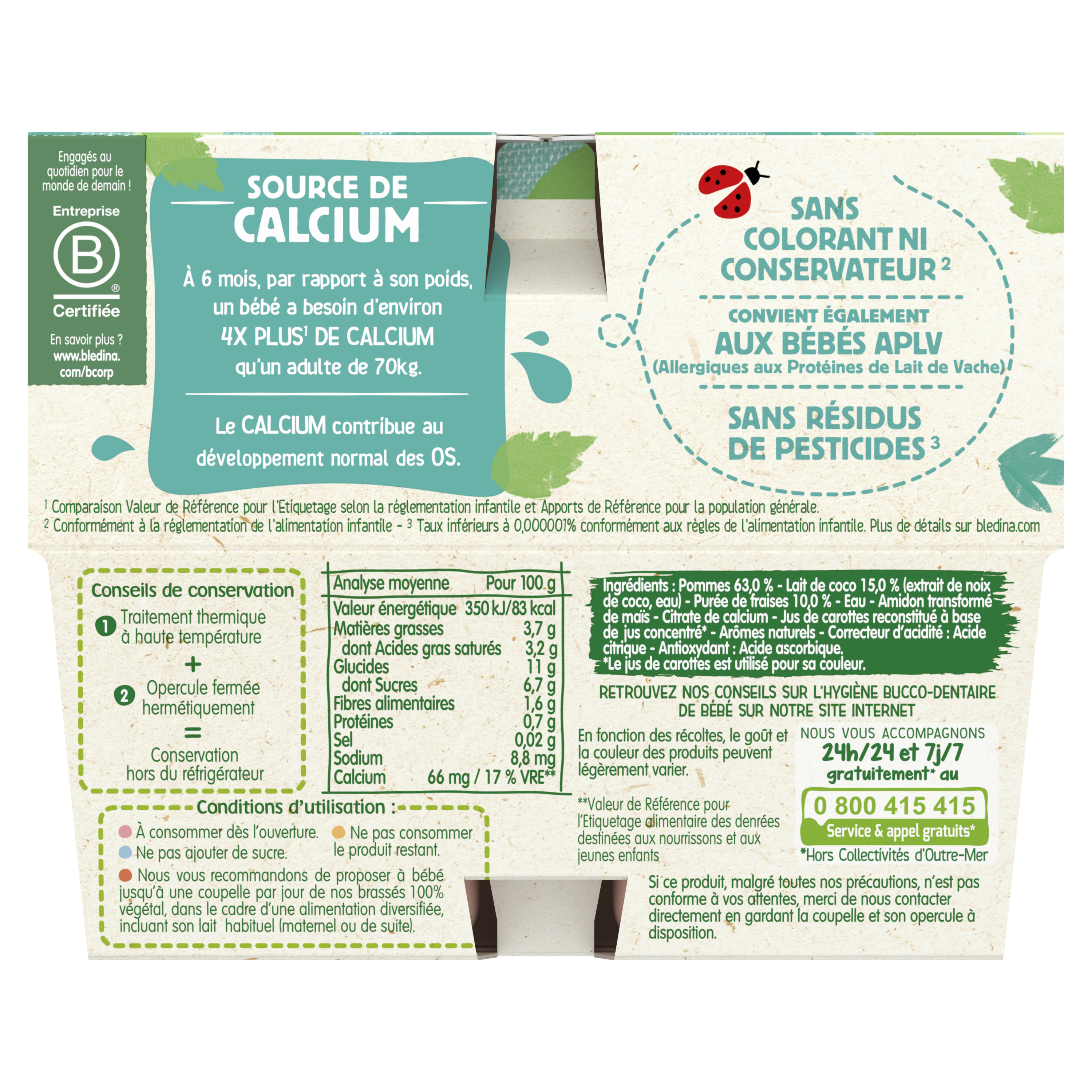 BLEDINA LES BRASSES 100% VEGETAL Lait de Coco Pomme Fraise 4X95g Dès 6 mois